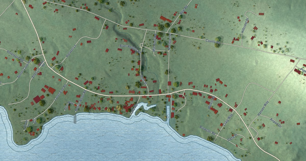 Close-up of streets and buildings in Melvin Village, New Hampshire