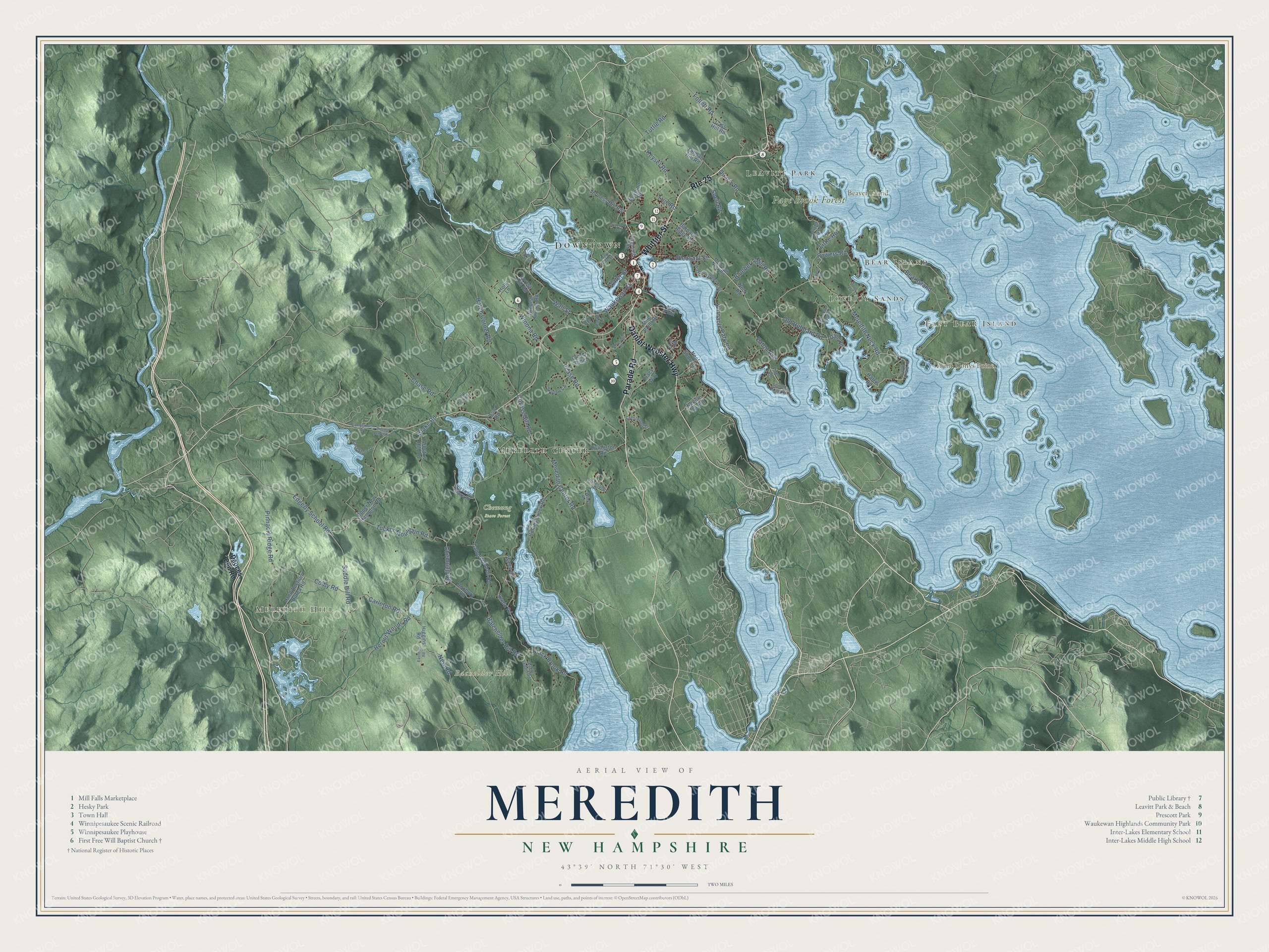 Map of Meredith, New Hampshire, with Meredith Bay, Bear Island and Lake Waukewan