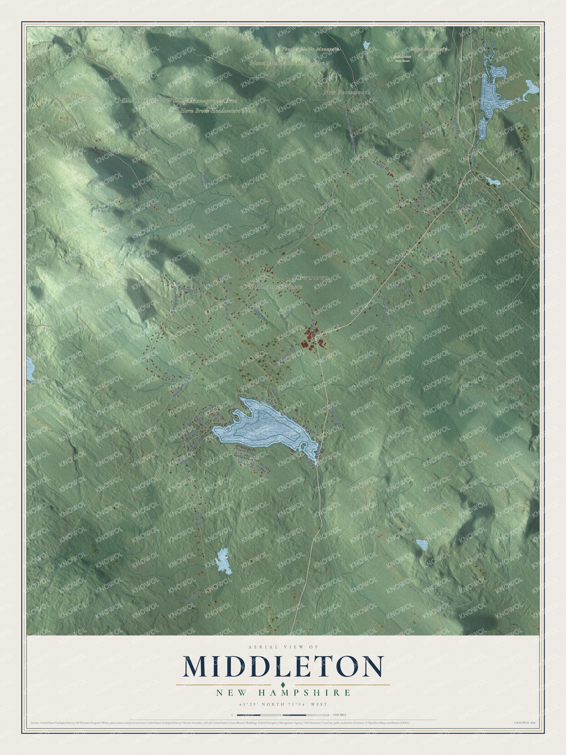 Map of Middleton, New Hampshire, with Perkins Mountain, Phoebes Nable Mountain and Middleton Corners