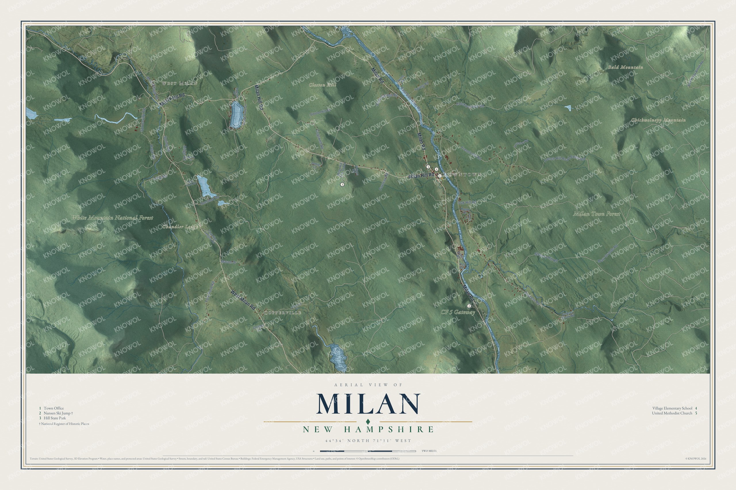 Map of Milan, New Hampshire, with the Nansen Ski Jump, Milan Hill State Park and Bald Mountain