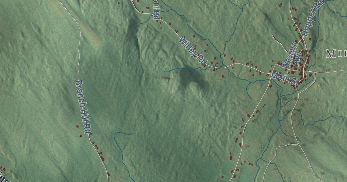 Close-up of streets and buildings in Milton, New Hampshire