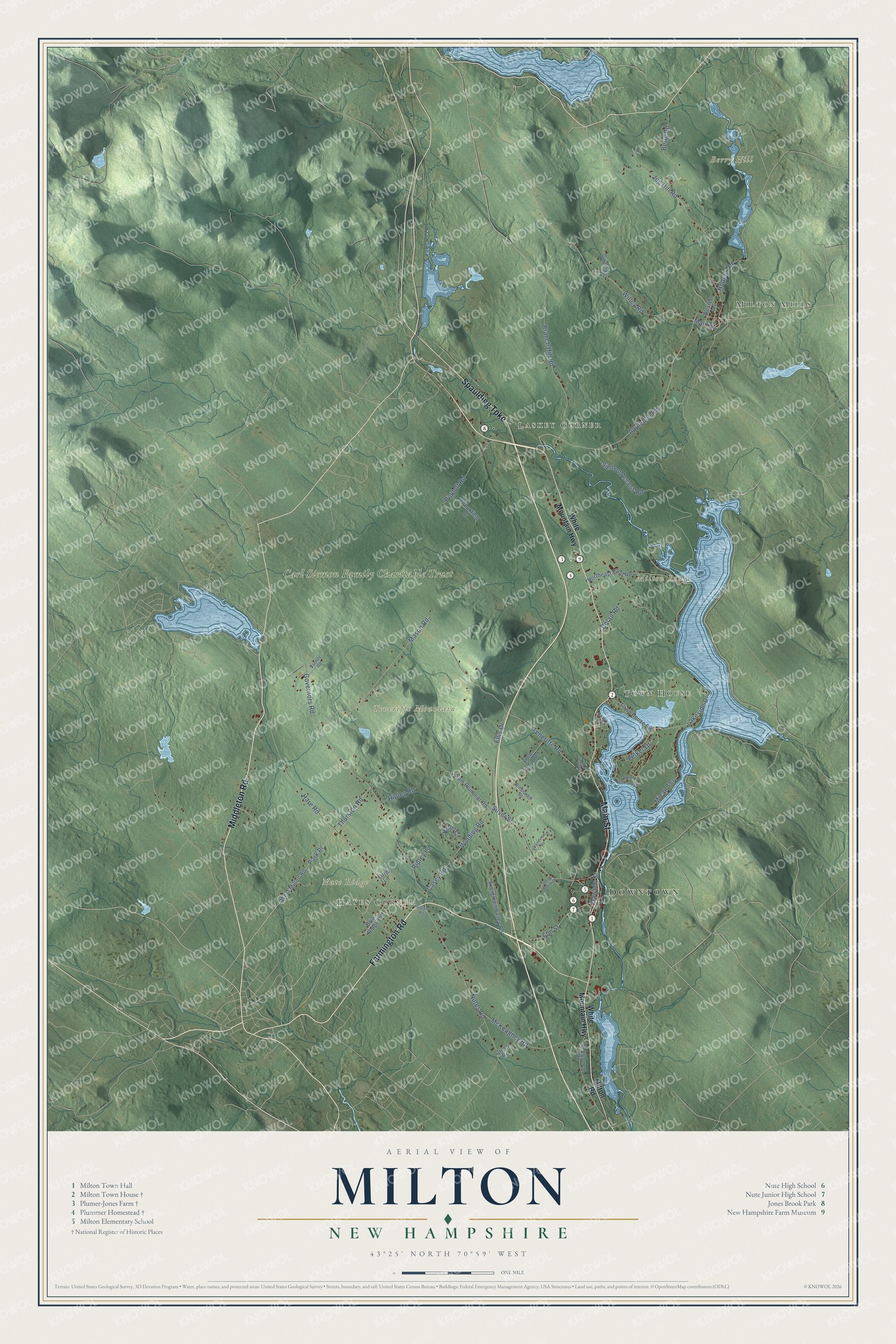 Map of Milton, New Hampshire, with the Salmon Falls River, Teneriffe Mountain and the village of Milton Mills