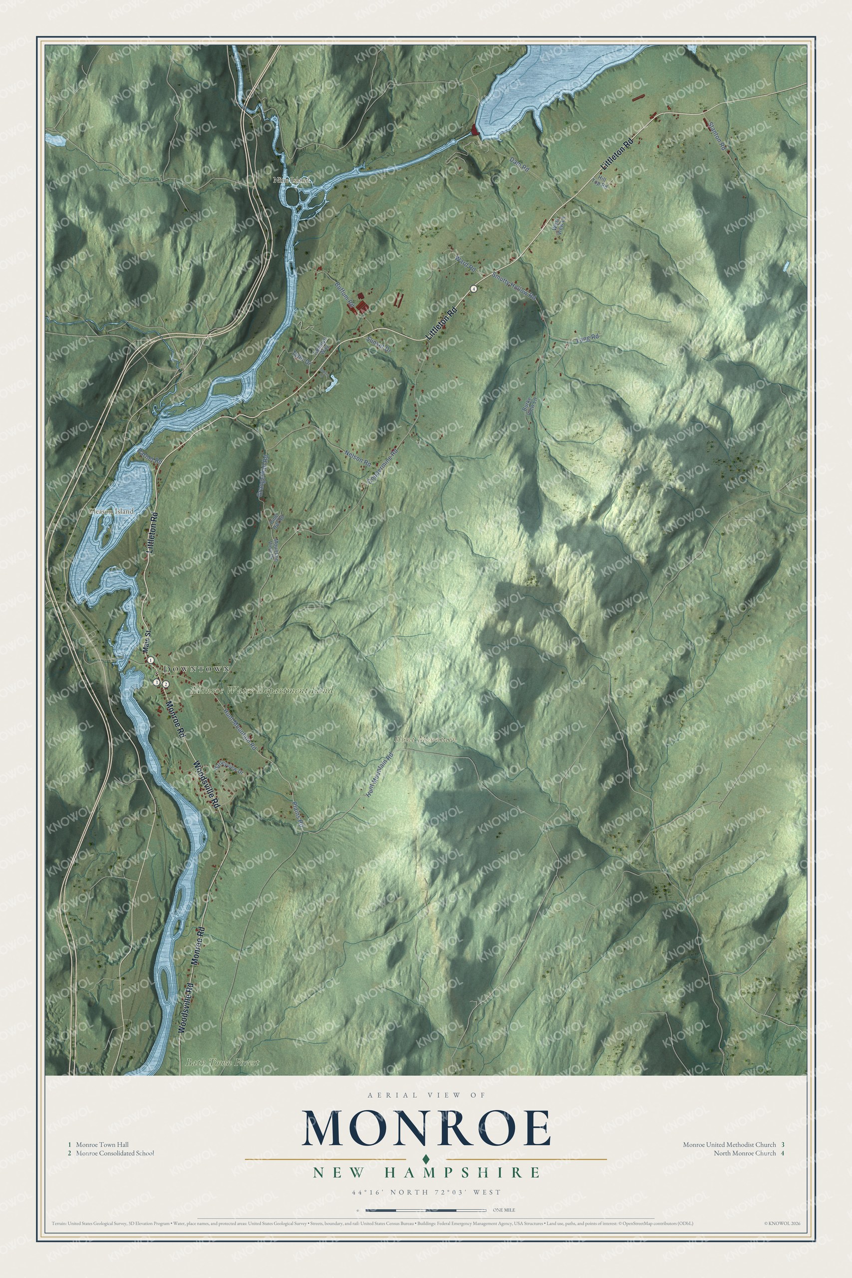 Map of Monroe, New Hampshire, with the Connecticut River, Gleason Island and Gardner Mountain
