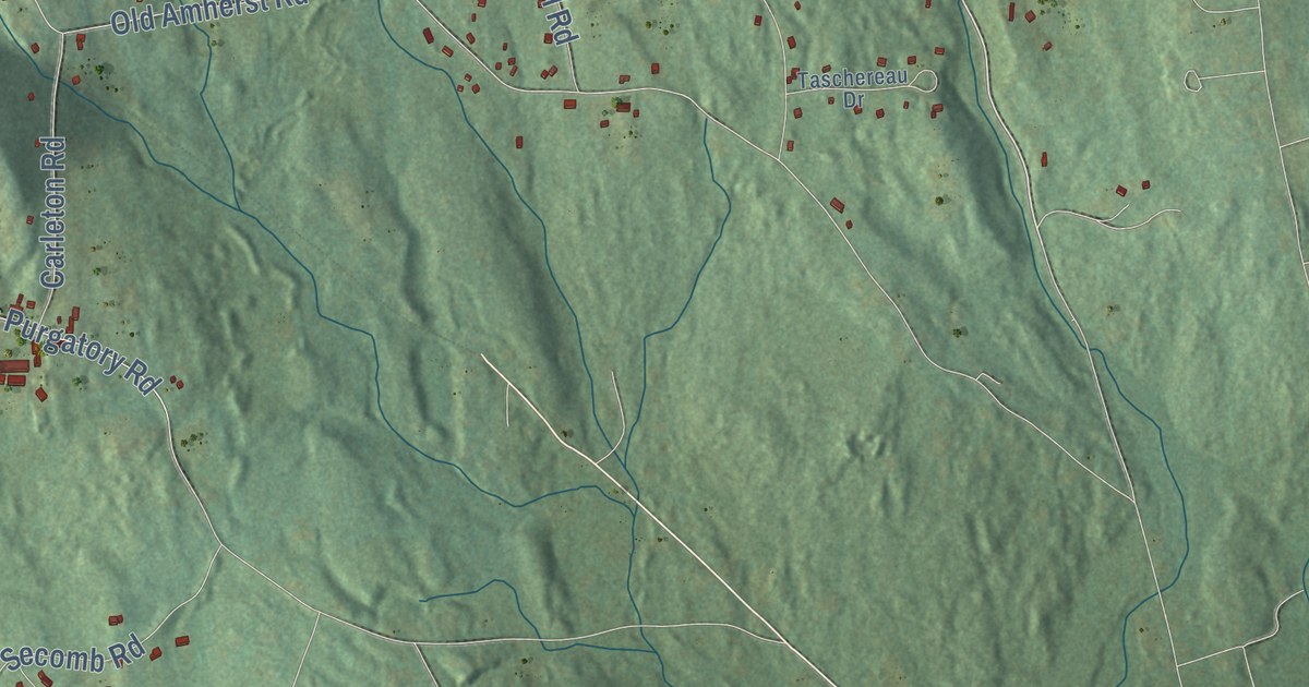 Close-up of streets and buildings in Mont Vernon, New Hampshire