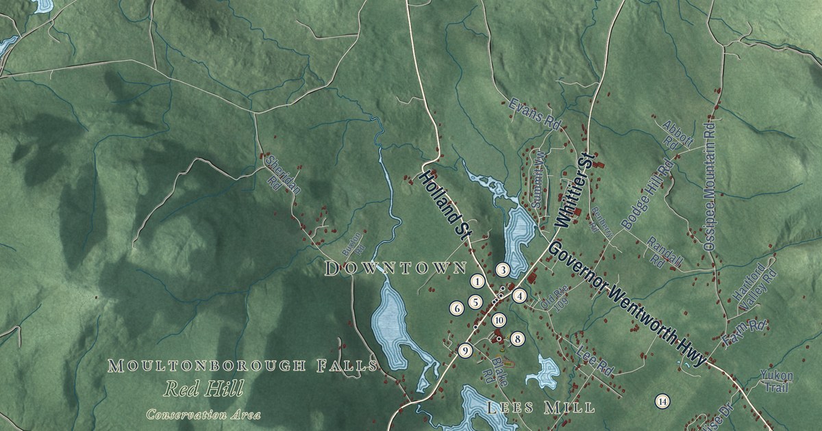 Close-up of streets and buildings in Moultonborough, New Hampshire