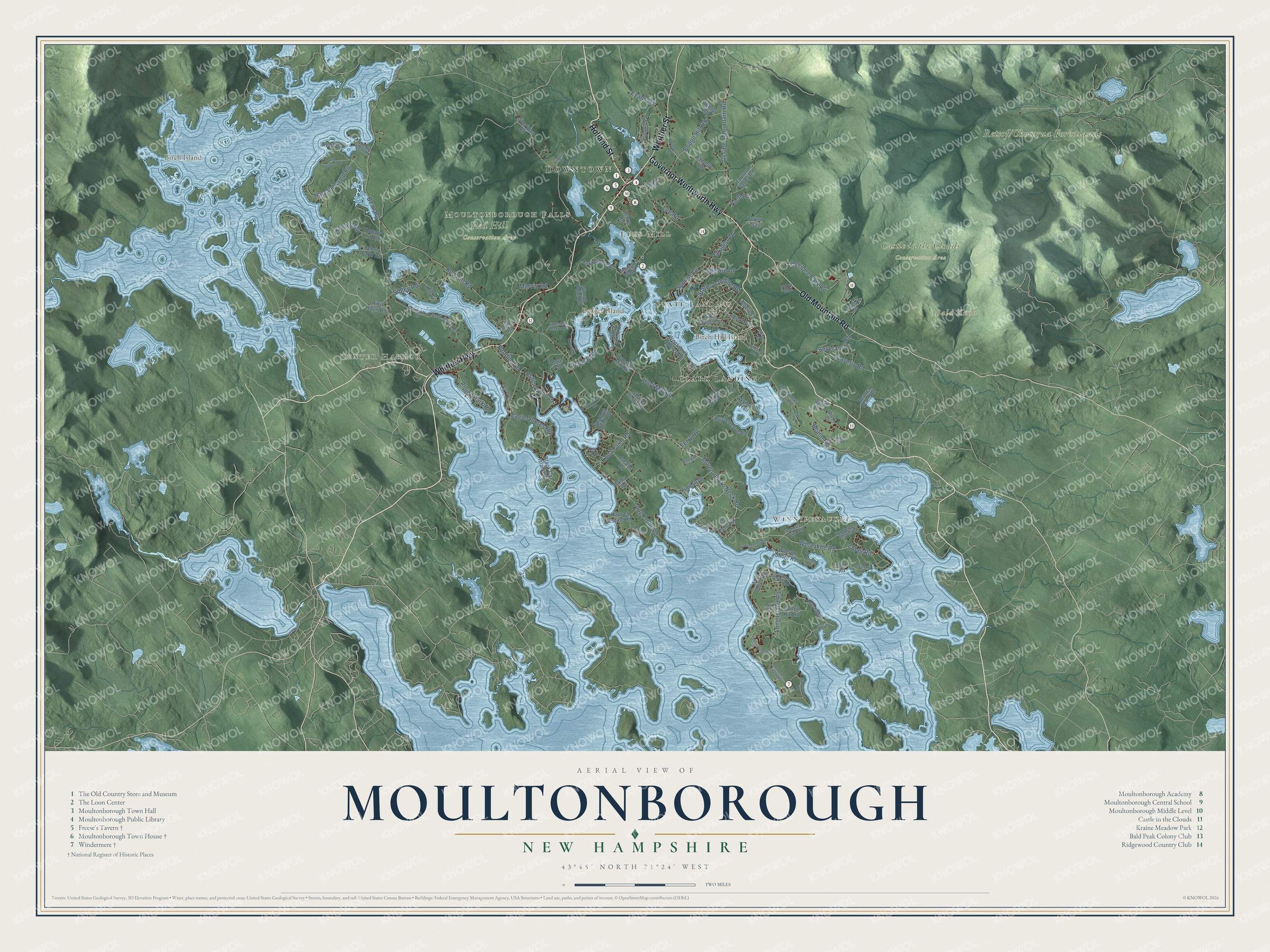 Map of Moultonborough, New Hampshire, with Lake Winnipesaukee, Moultonborough Bay and Castle in the Clouds