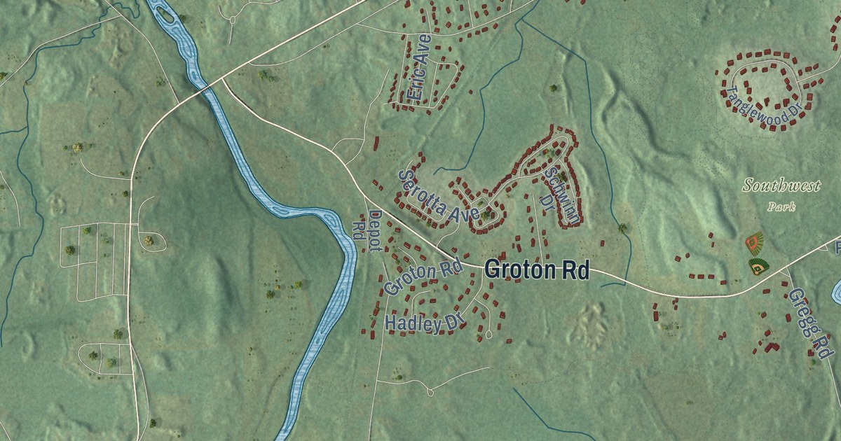 Close-up of streets and buildings in Nashua, New Hampshire