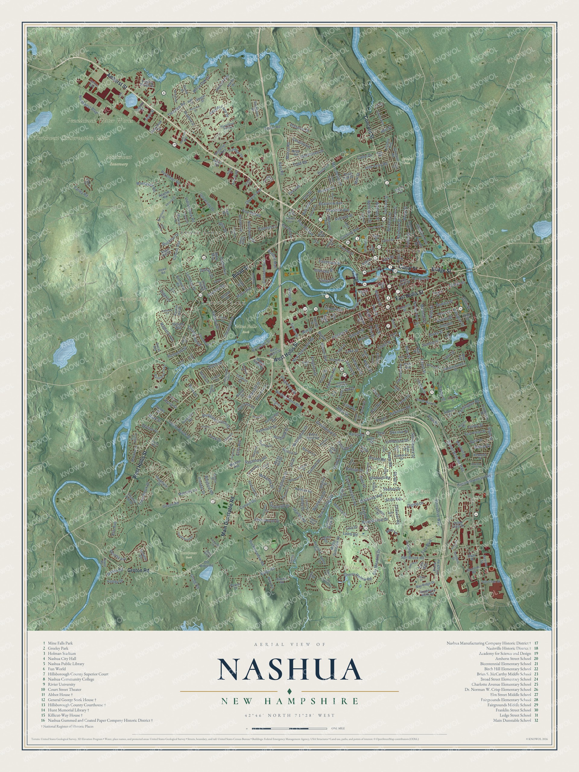 Map of Nashua, New Hampshire, with the Nashua River, Mine Falls Park and the Merrimack River
