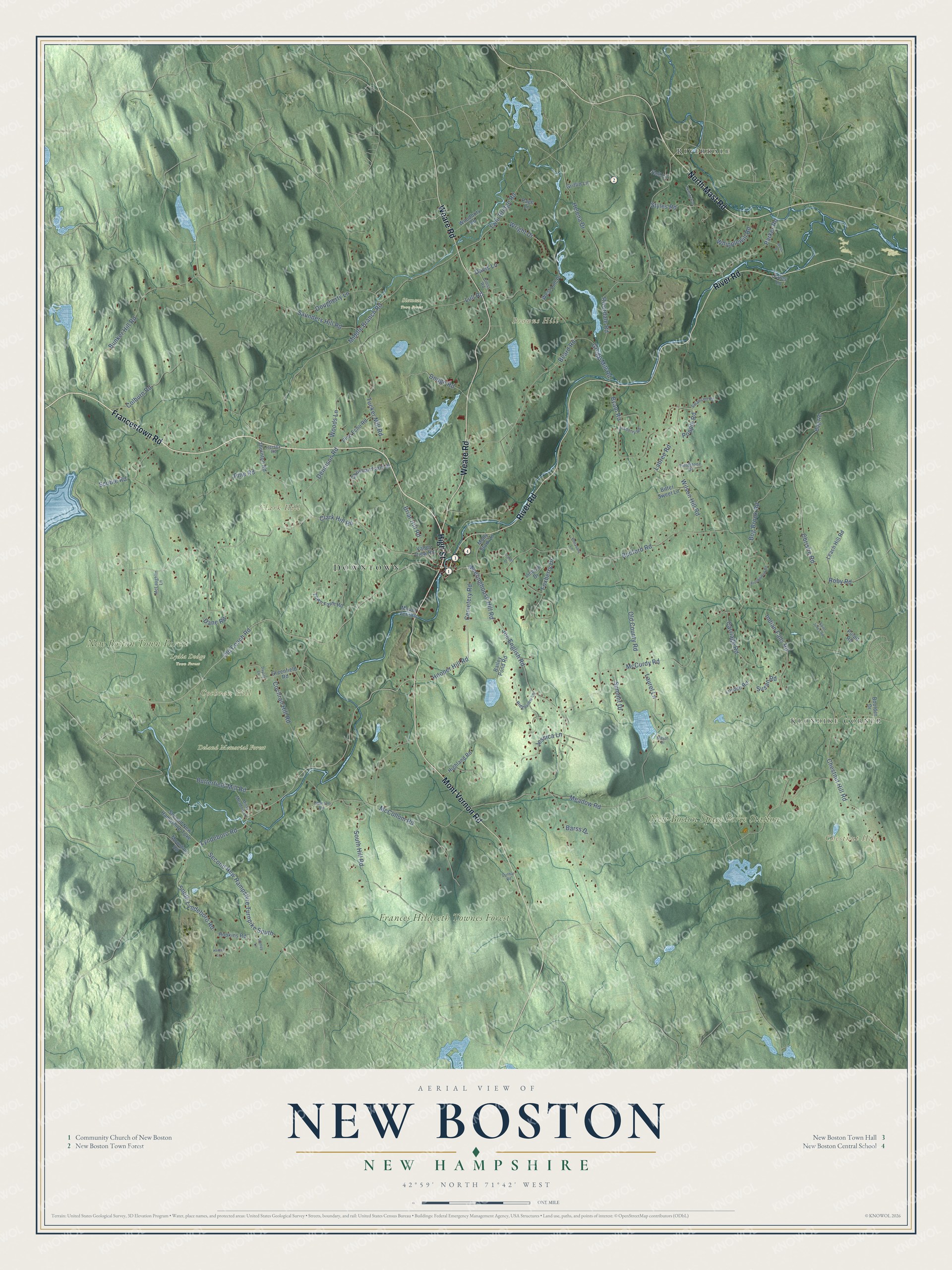 Map of New Boston, New Hampshire, with the Piscataquog River, Klondike Corner and Chestnut Hill