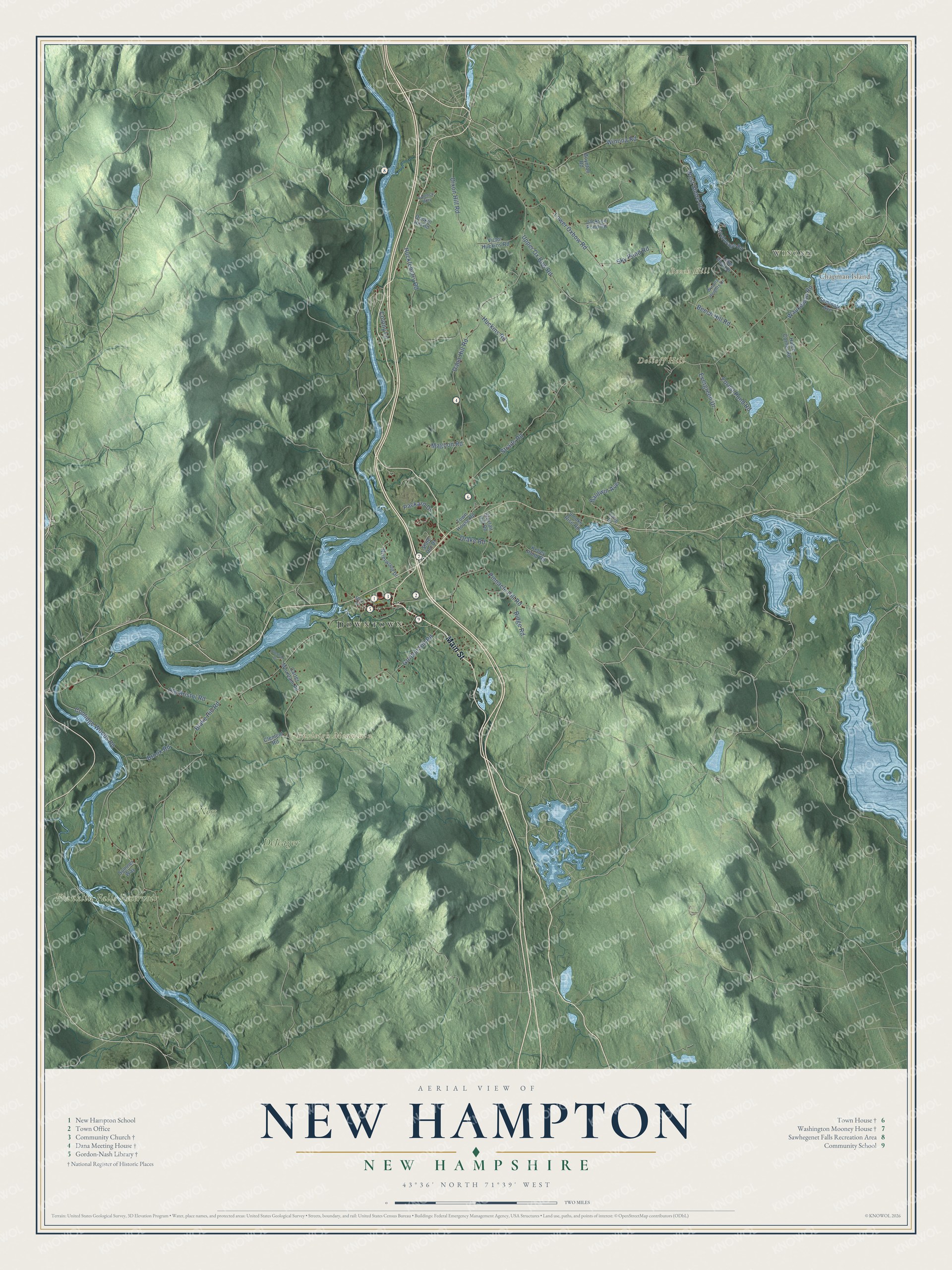 Map of New Hampton, New Hampshire, with the Pemigewasset River, Pemigewasset Lake, Winona and Beech Hill