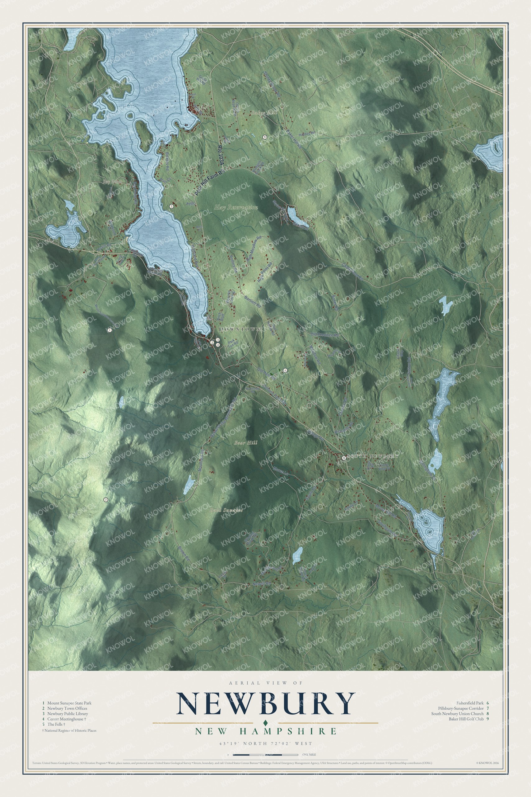 Map of Newbury, New Hampshire, with the south end of Lake Sunapee, Mount Sunapee, Blodgett Landing and The Fells