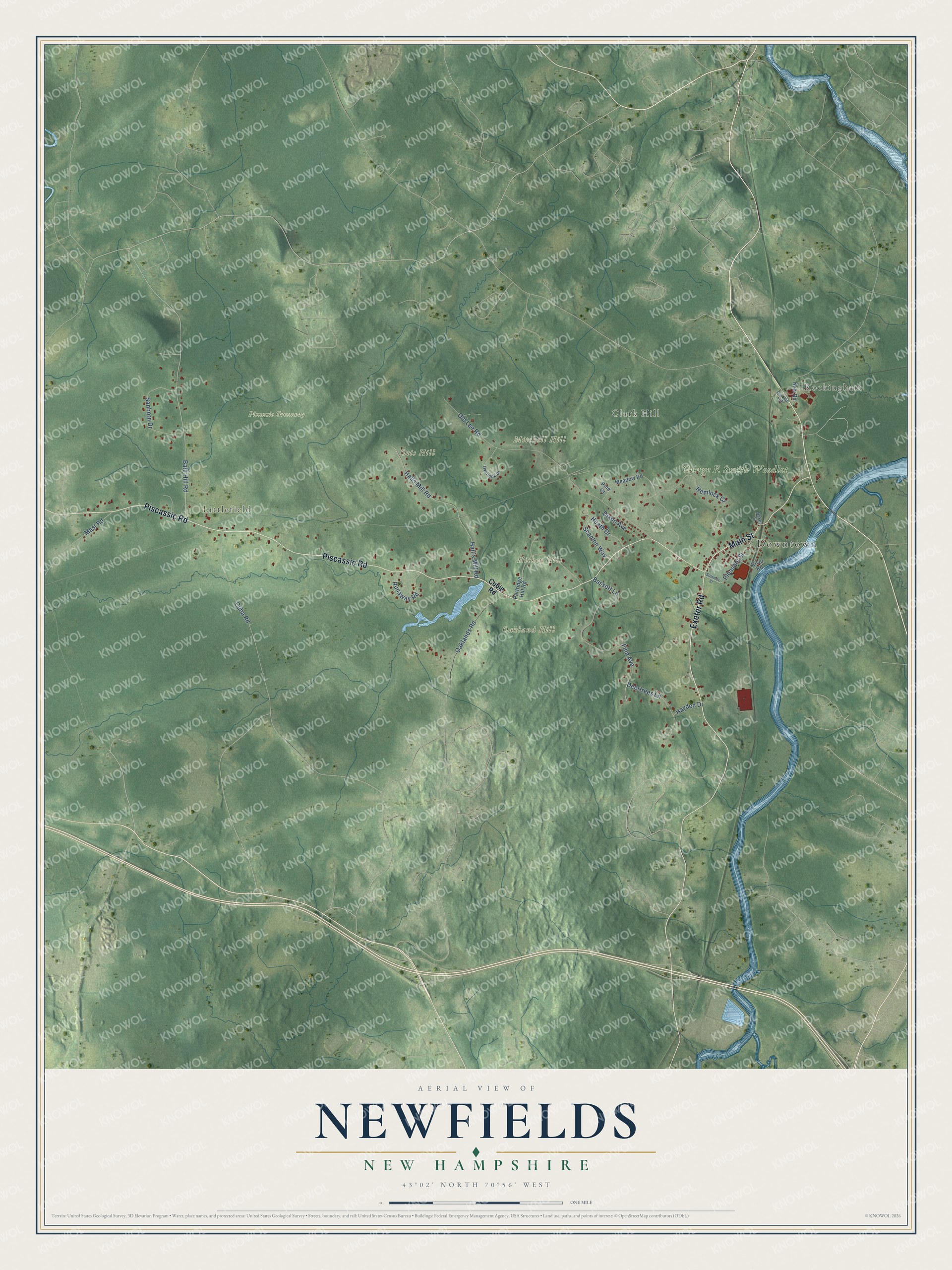 Map of Newfields, New Hampshire, with the Squamscott River, the village on Route 85, Clark Hill and Hickey Hill