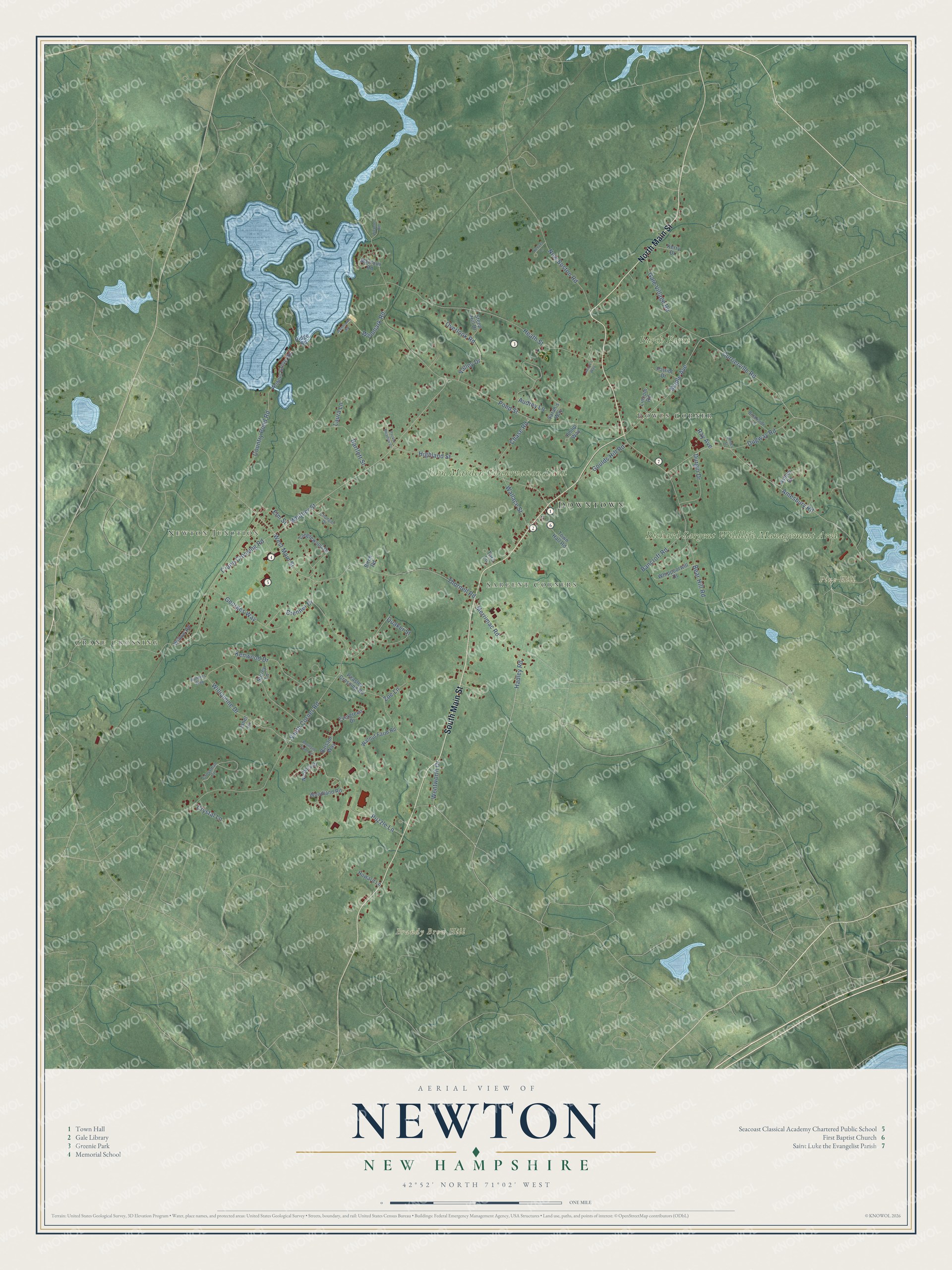 Map of Newton, New Hampshire, with Country Pond, Newton Junction, Rowes Corner and Sargent Corners