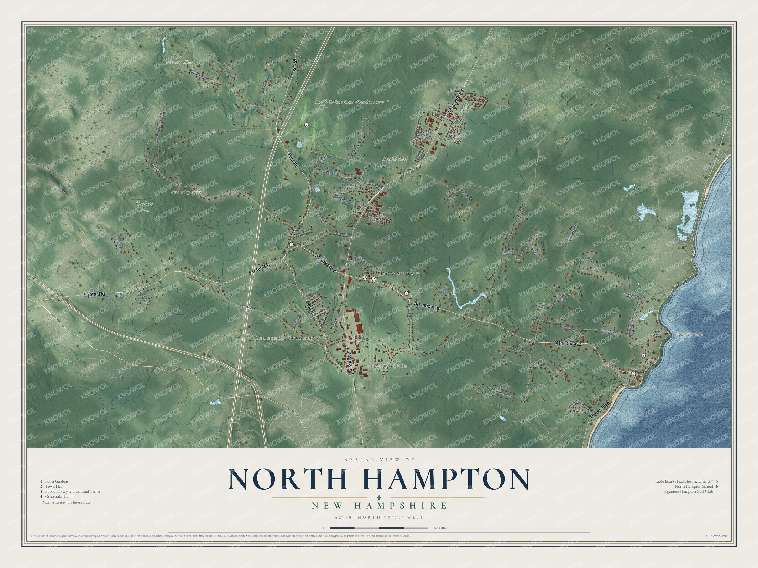 Map of North Hampton, New Hampshire, with the Atlantic shore, Little Boars Head, Fuller Gardens and Fogg Corner