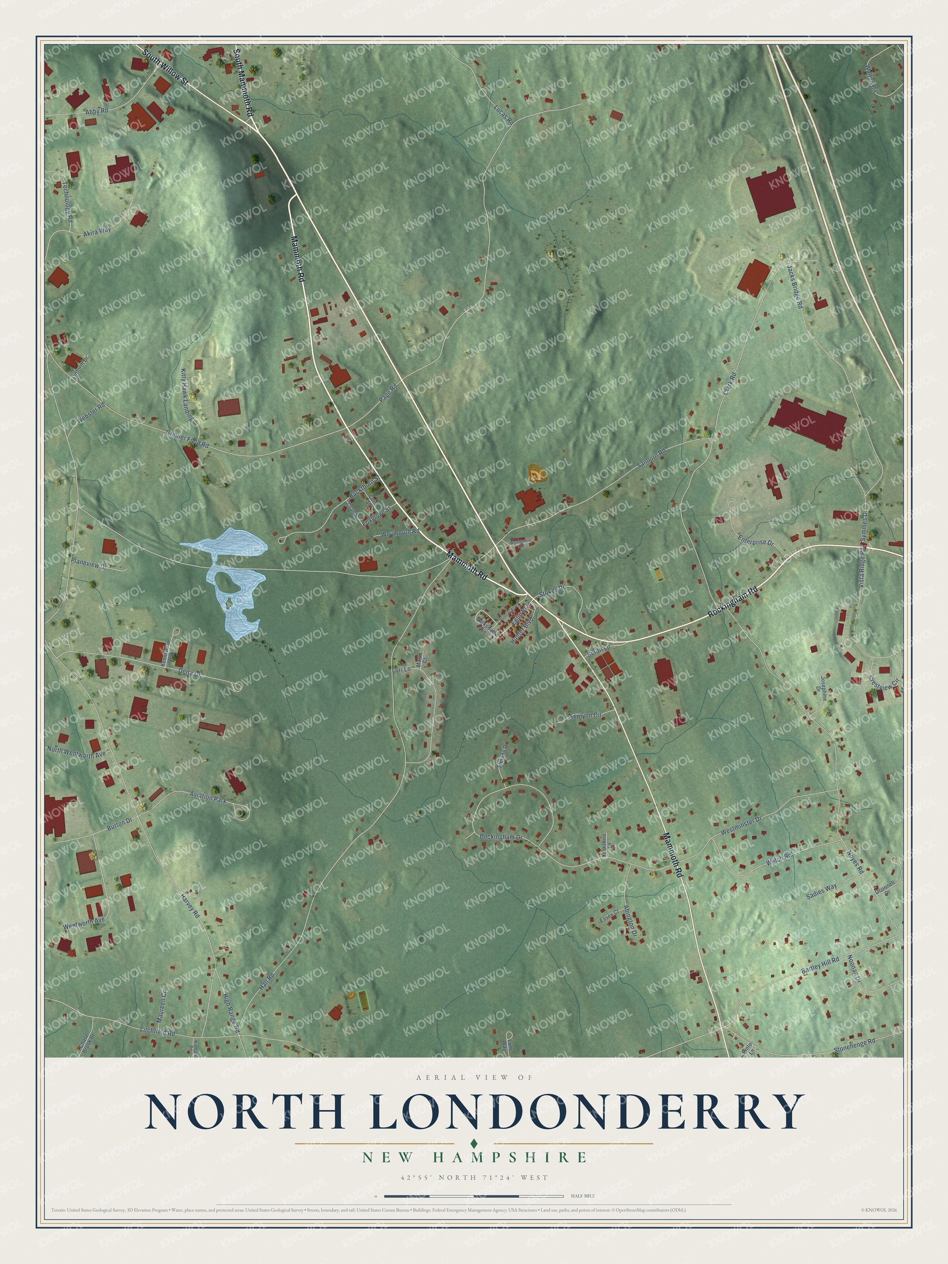 Full map of North Londonderry, New Hampshire, with red buildings, printed street names and the land around them