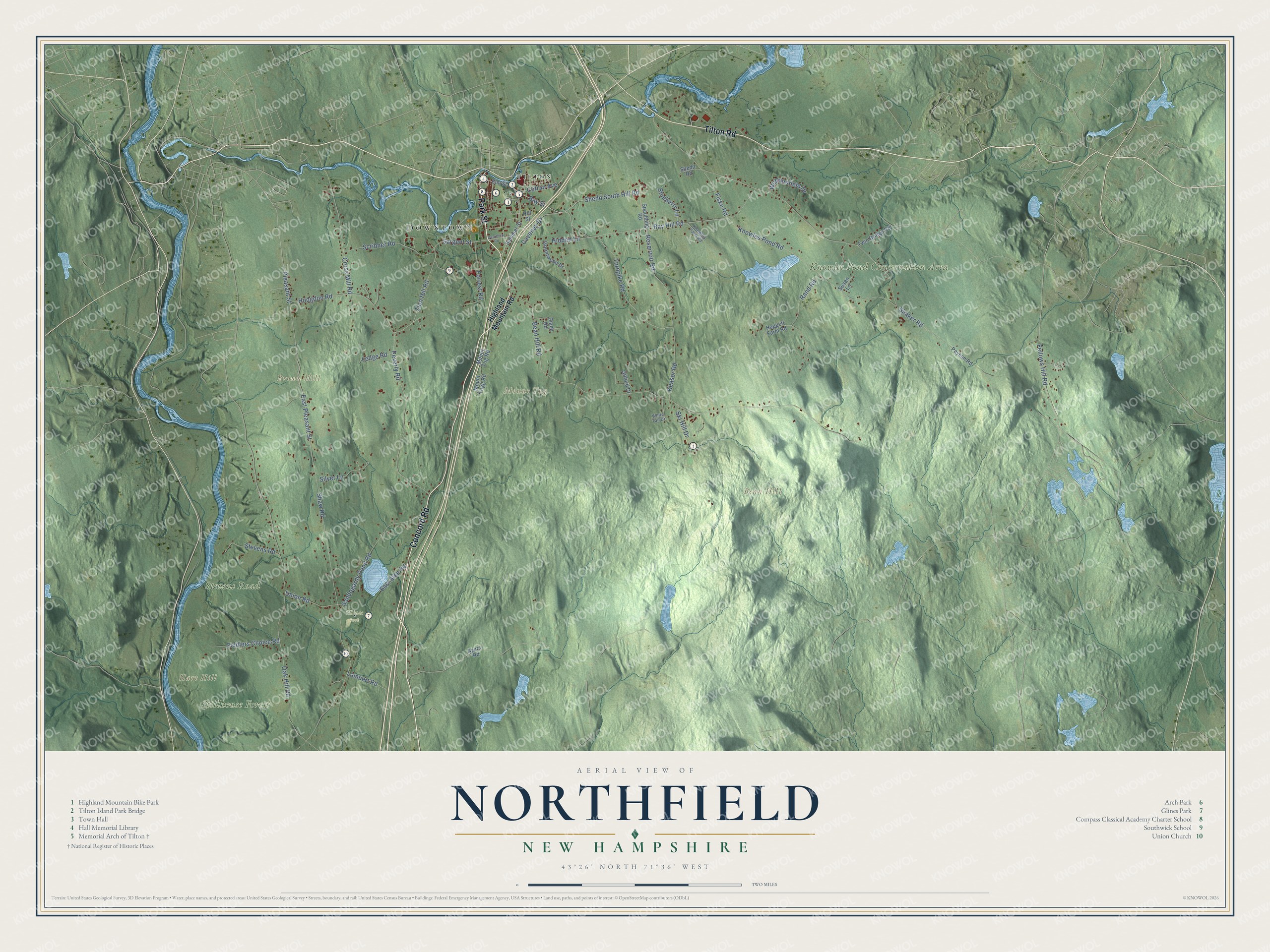 Map of Northfield, New Hampshire, with the Winnipesaukee River, Bean Hill, Brown Hill and the Memorial Arch of Tilton