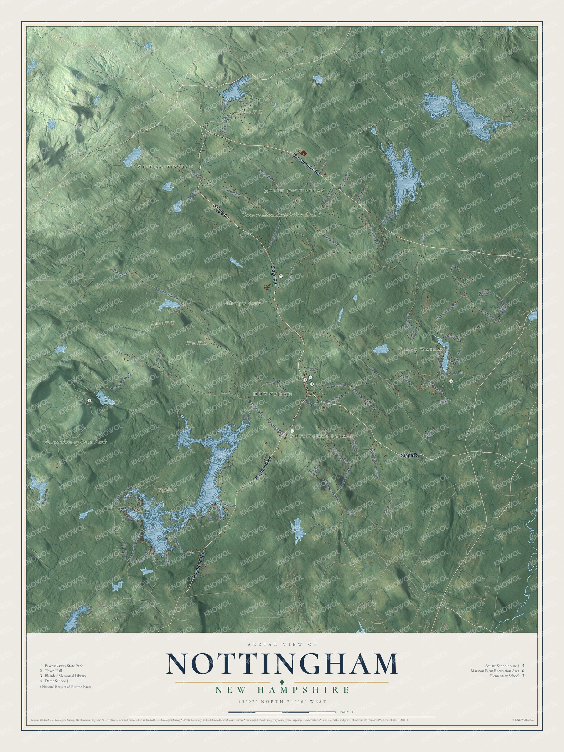 Map of Nottingham, New Hampshire, with Pawtuckaway State Park, Pawtuckaway Lake, West Nottingham and Cedar Waters