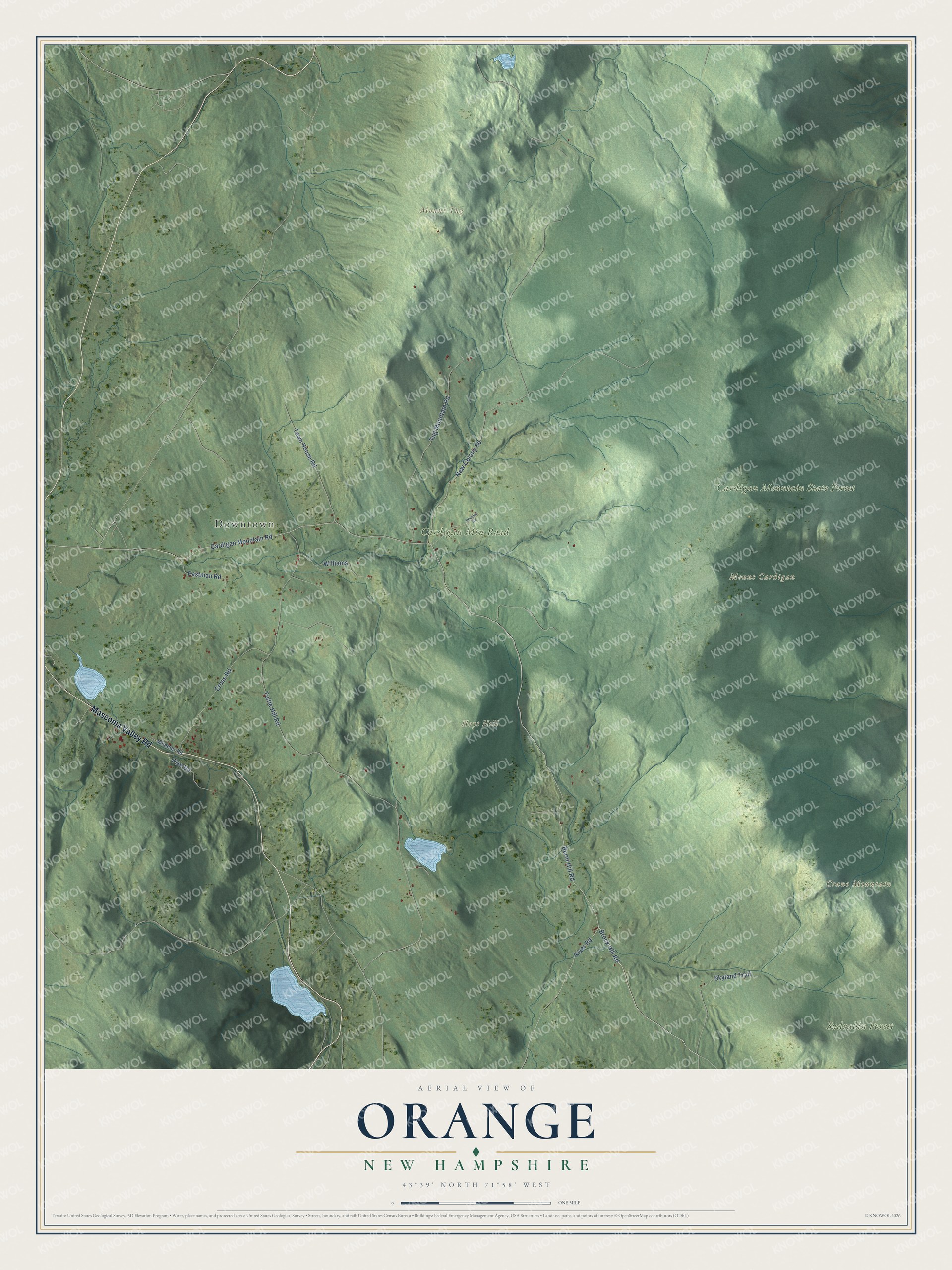 Map of Orange, New Hampshire, with Mount Cardigan, Crane Mountain, Hoyt Hill and Cardigan Mountain State Park