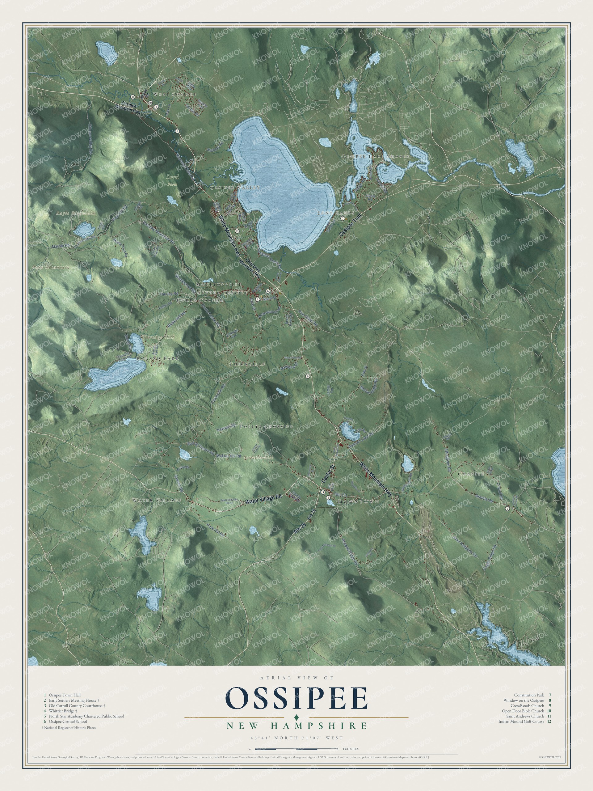 Map of Ossipee, New Hampshire, with the Whittier Bridge, West Ossipee and Bennett Hill