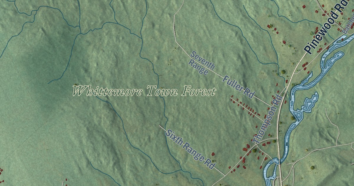 Close-up of streets and buildings in Pembroke, New Hampshire