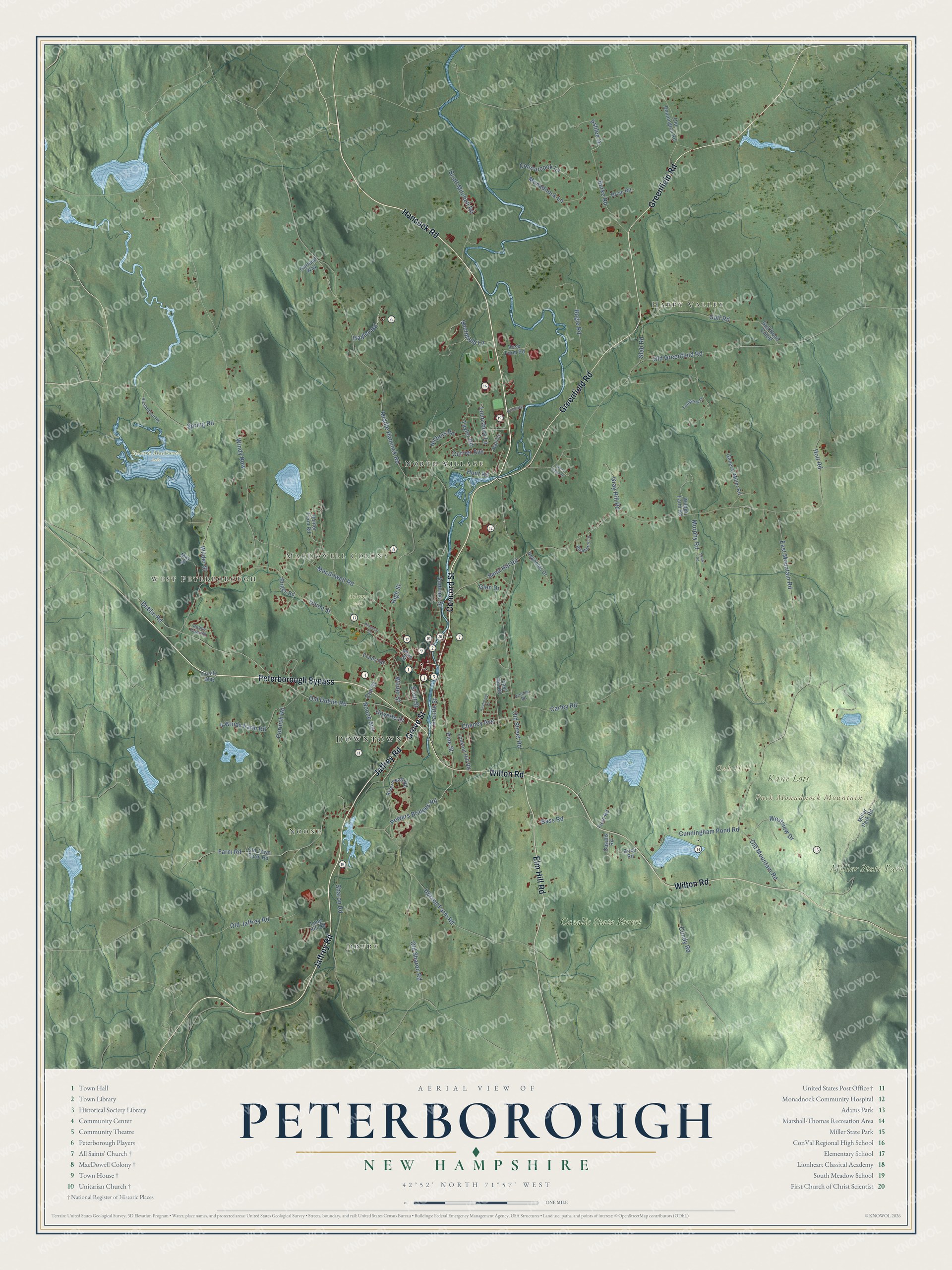 Map of Peterborough, New Hampshire, with Pack Monadnock Mountain, the MacDowell Colony and Oak Hill