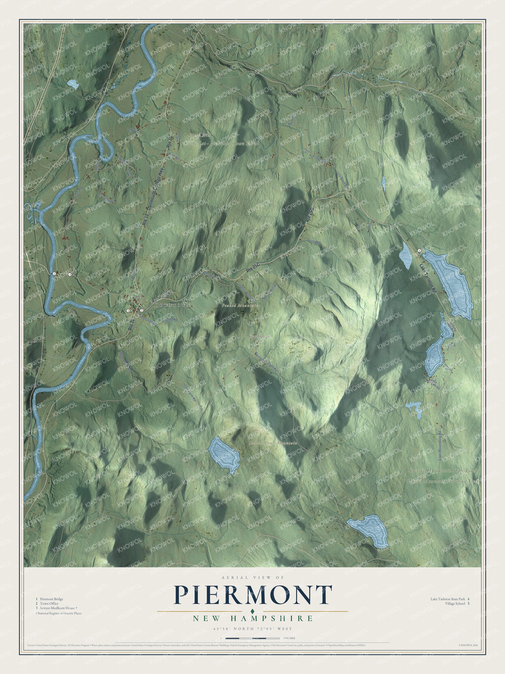 Map of Piermont, New Hampshire, with the Piermont Bridge, Indian Pond Mountain and Lake Tarleton State Park