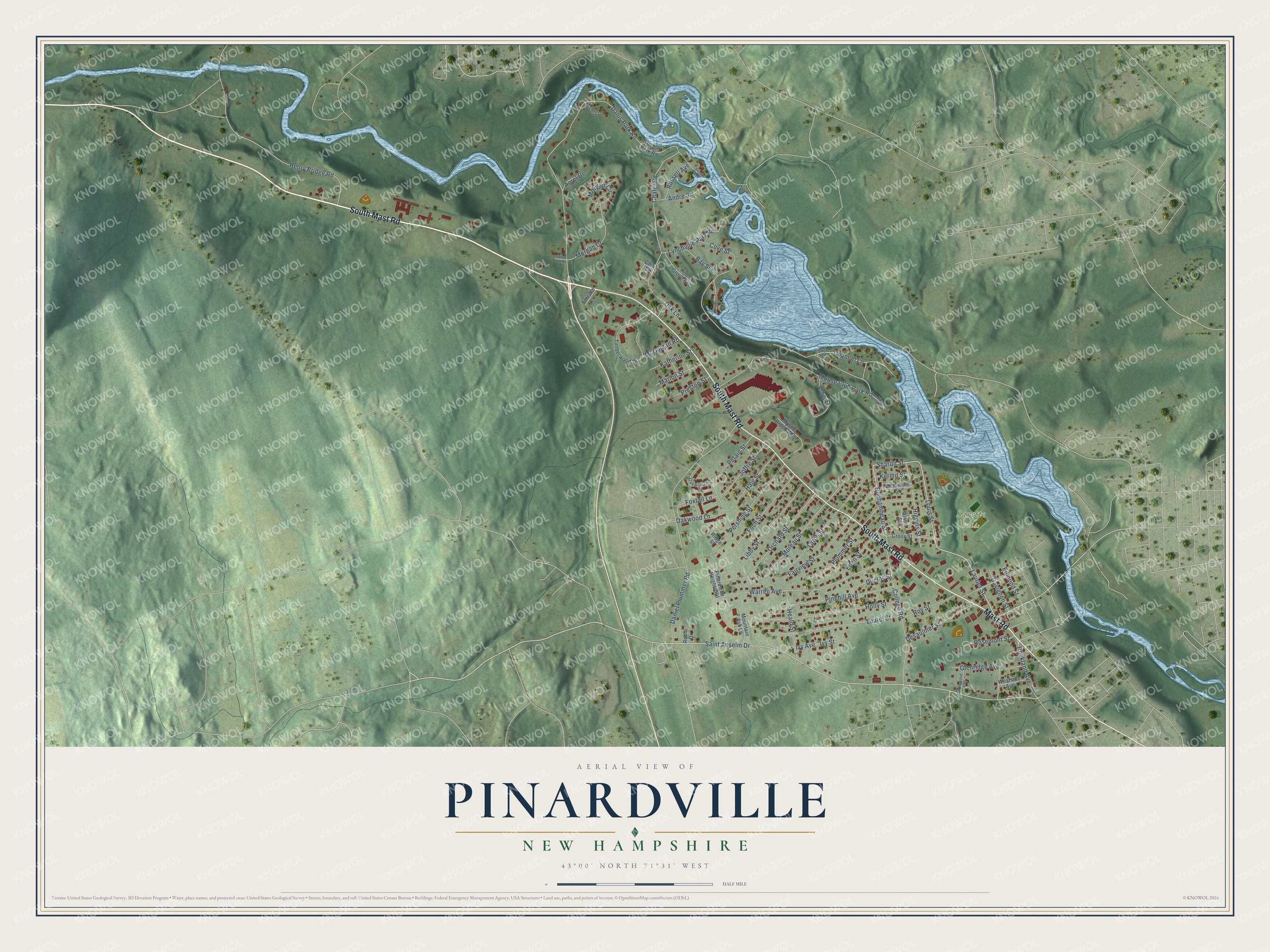 Full map of Pinardville, New Hampshire, with red buildings, printed street names and the land around them