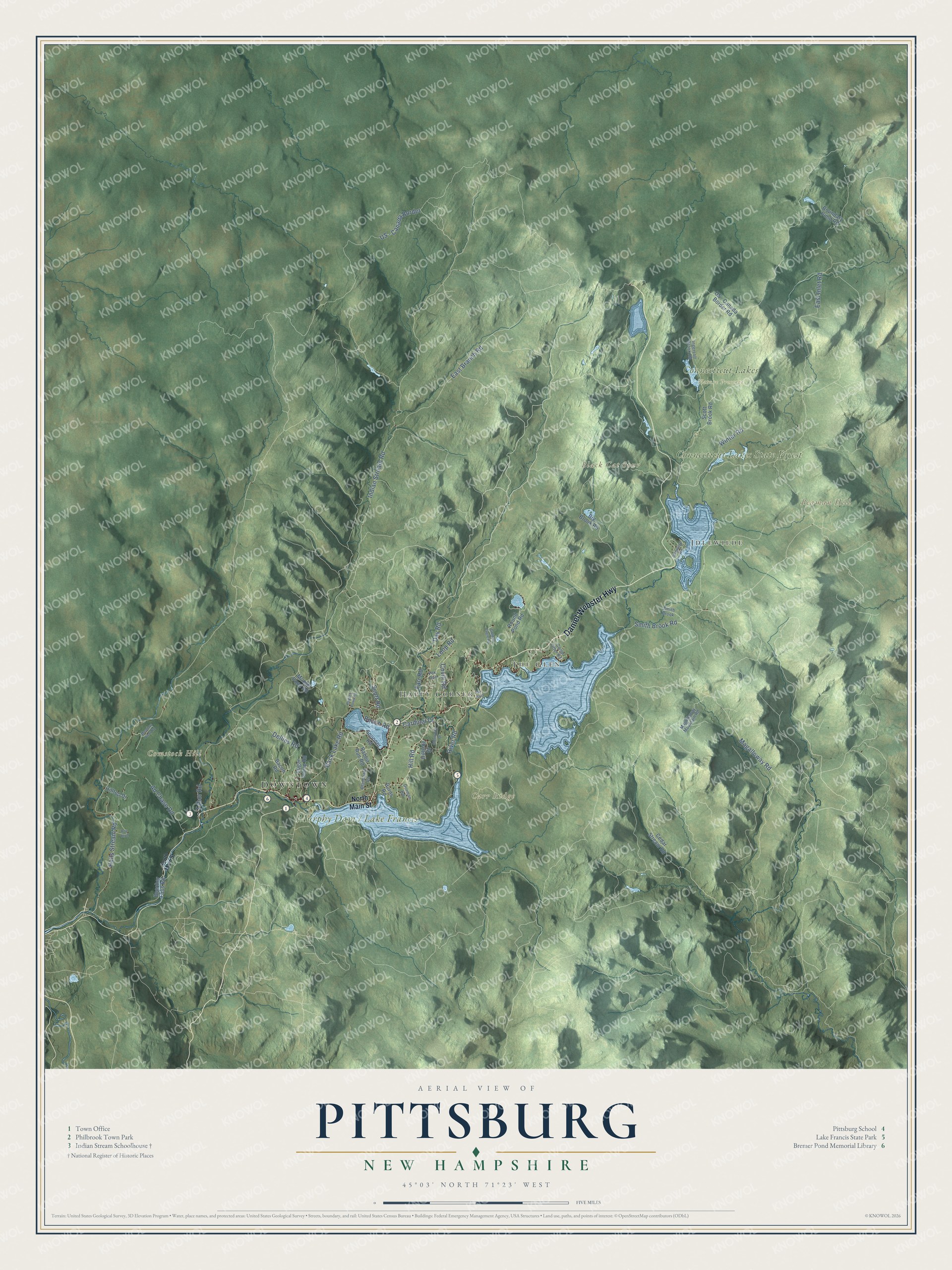 Map of Pittsburg, New Hampshire, with Lake Francis State Park, Happy Corner and Beaman Hill