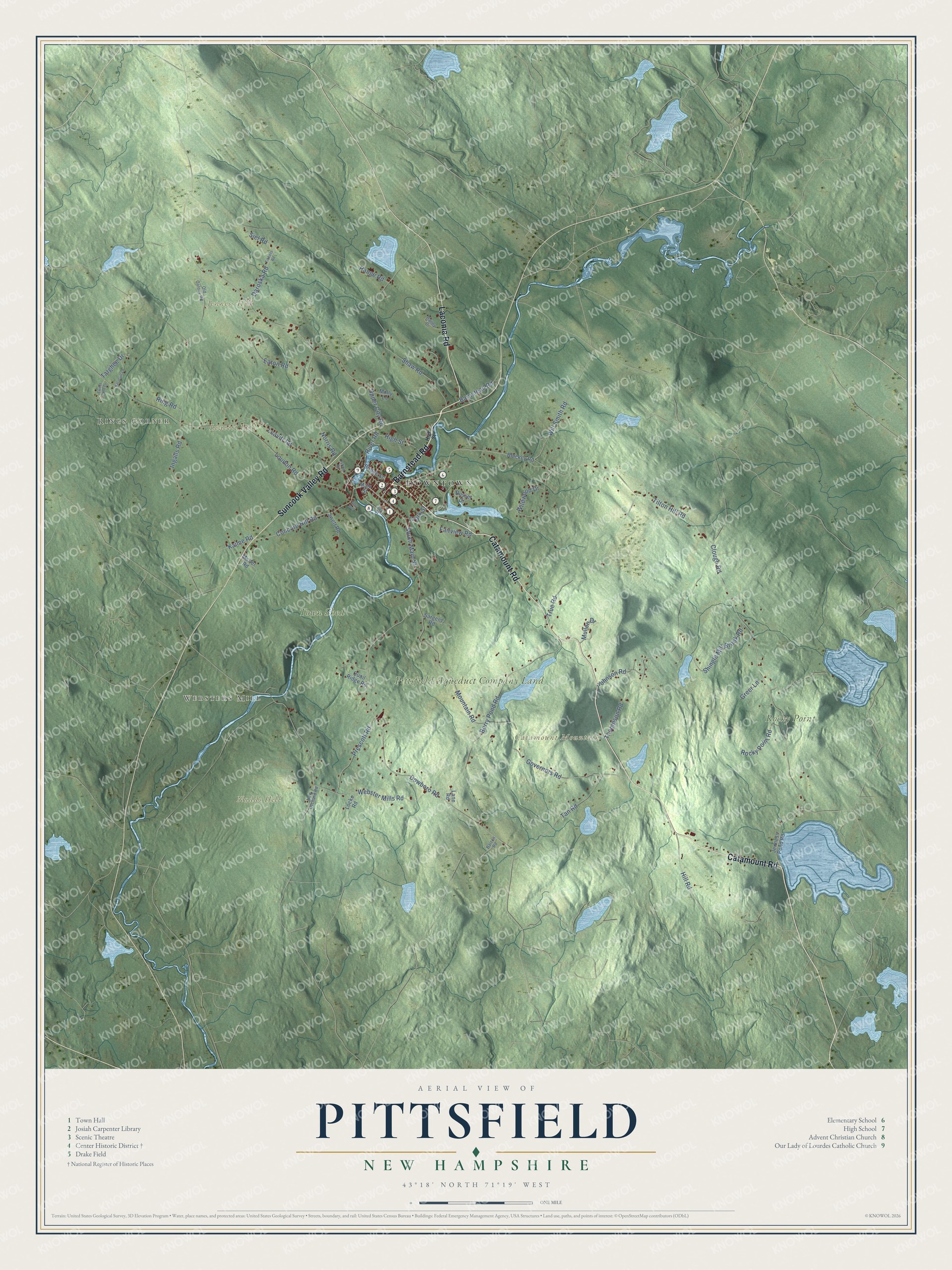 Map of Pittsfield, New Hampshire, with Catamount Mountain, Jenness Hill and the Pittsfield Center Historic District
