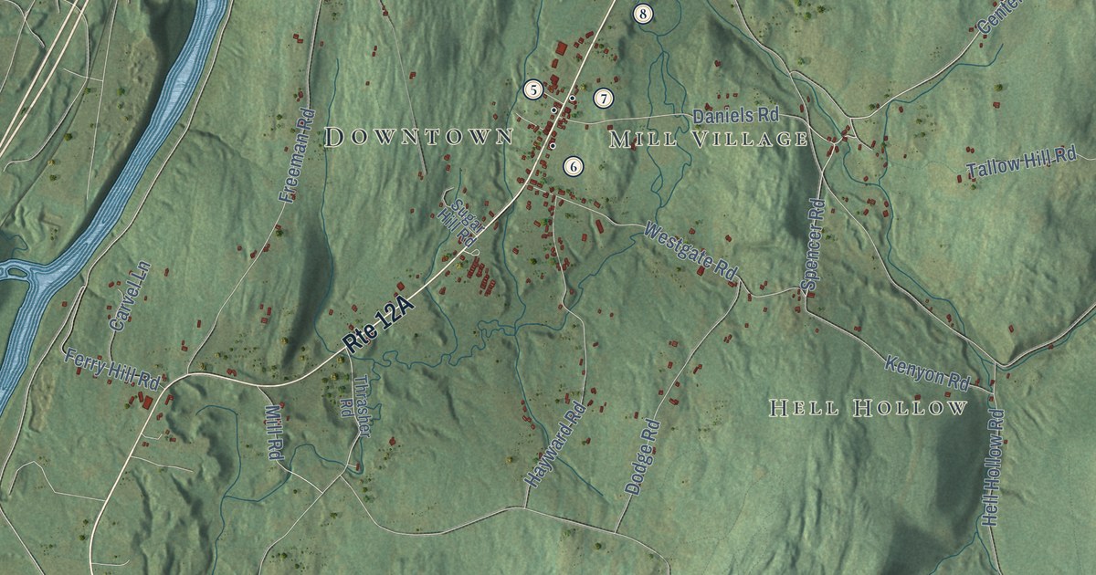 Close-up of streets and buildings in Plainfield, New Hampshire