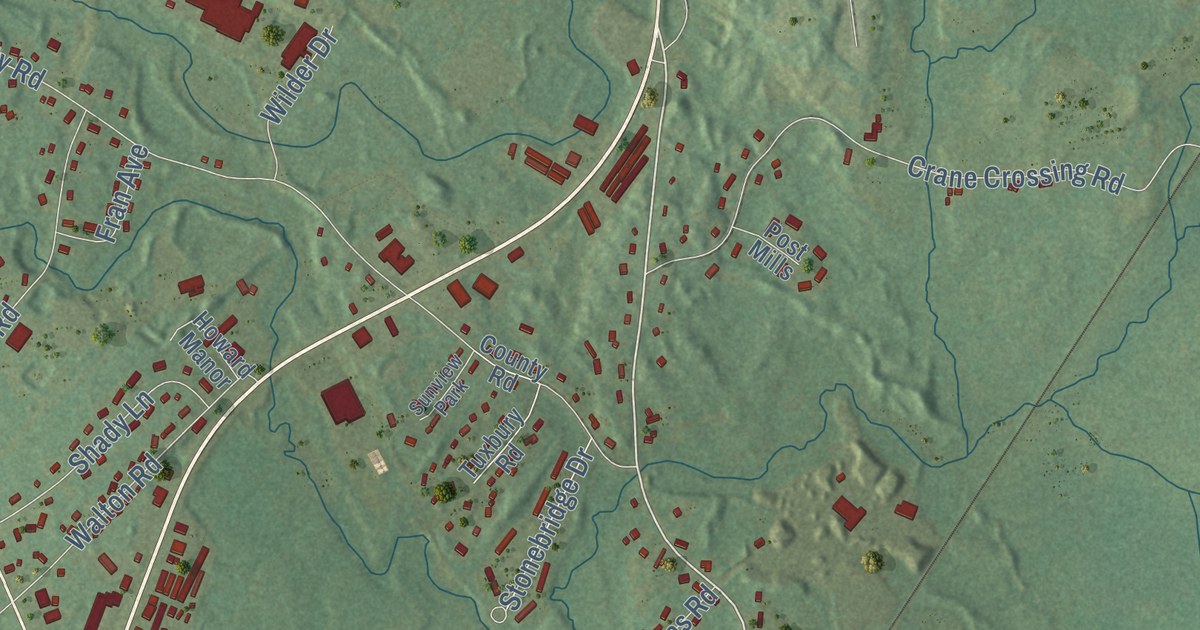 Close-up of streets and buildings in Plaistow, New Hampshire