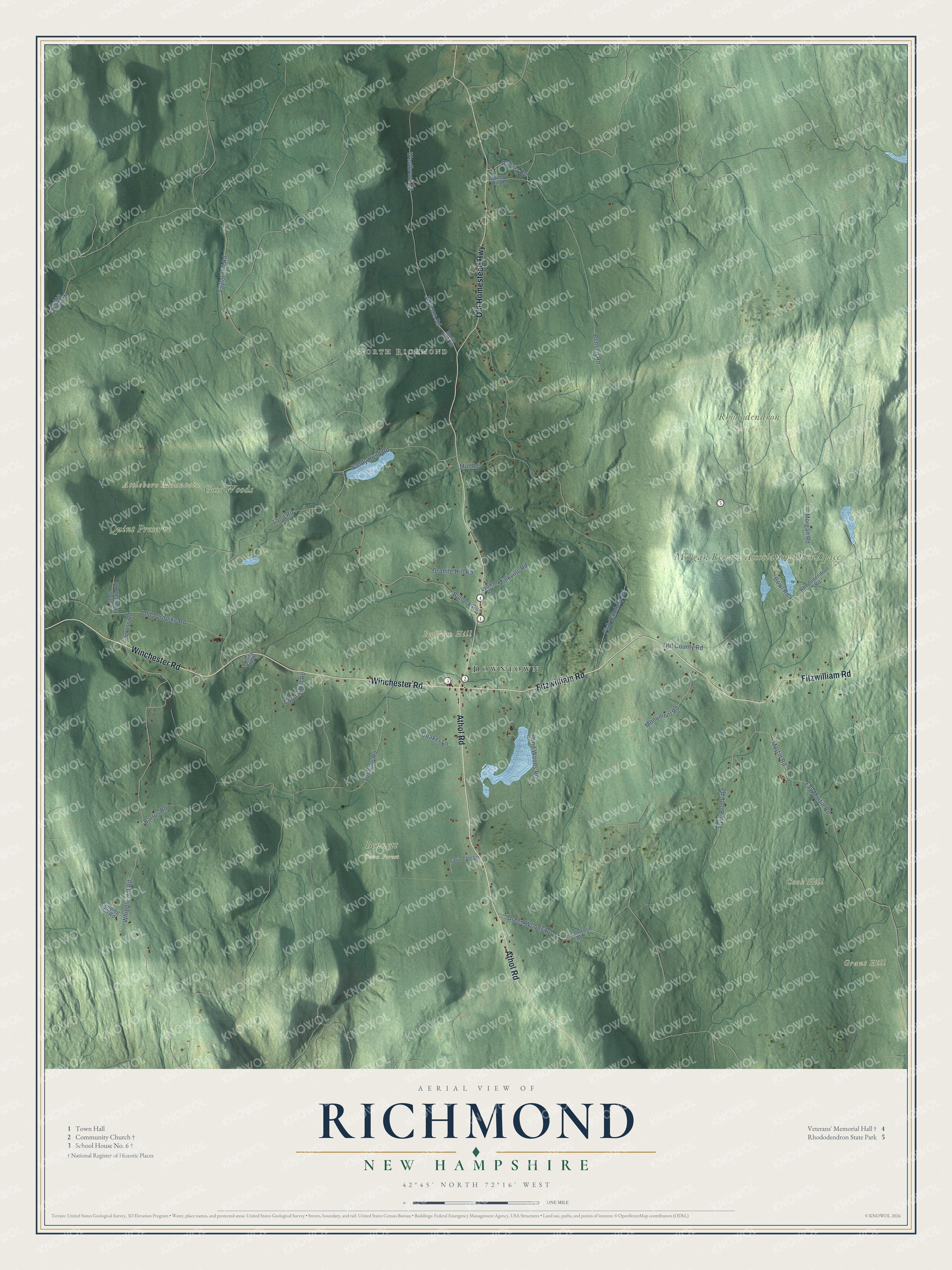 Map of Richmond, New Hampshire, with Attleboro Mountain, Buffum Hill and North Richmond