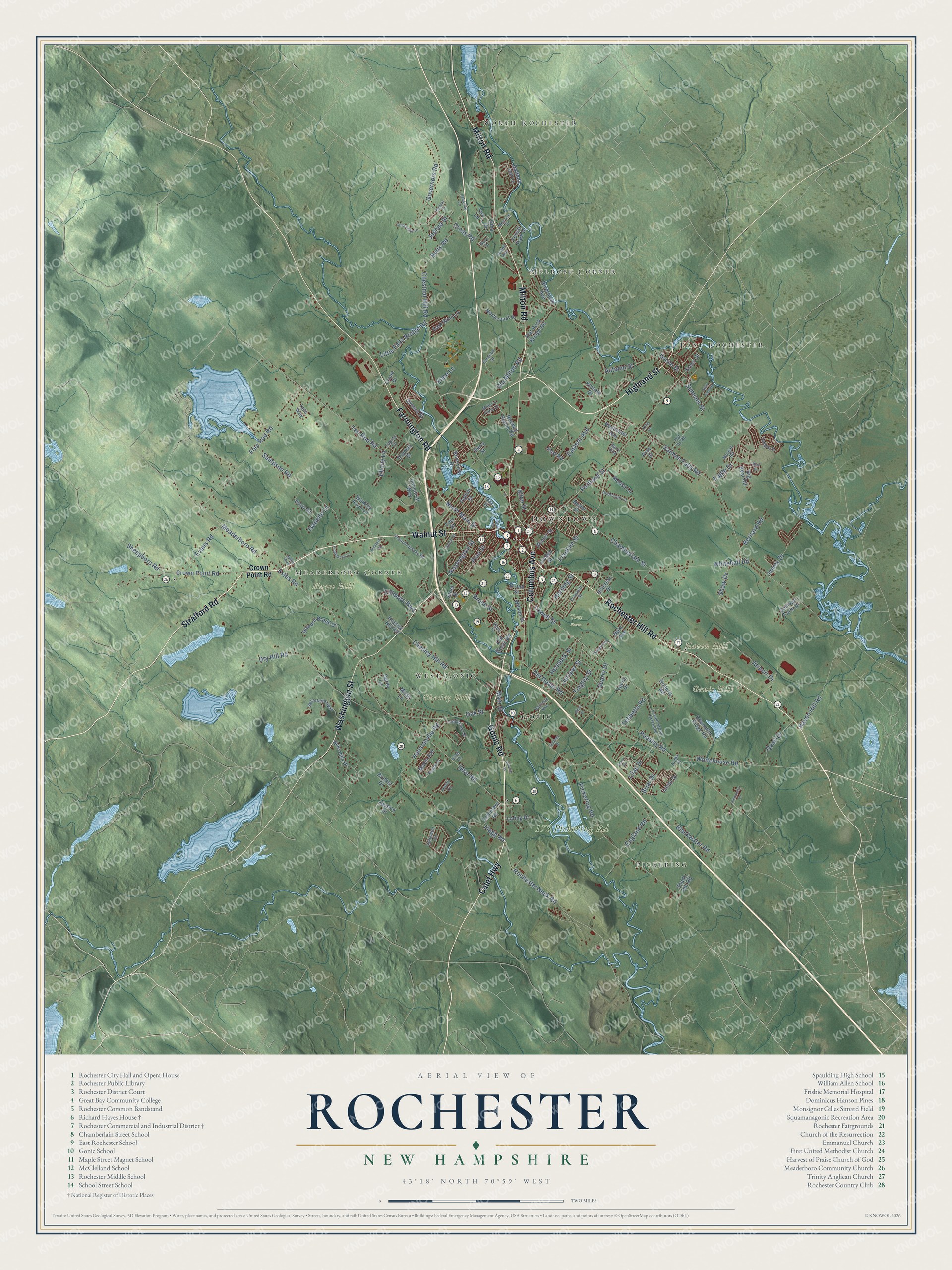 Map of Rochester, New Hampshire, with downtown, North Rochester and Gonic Hill
