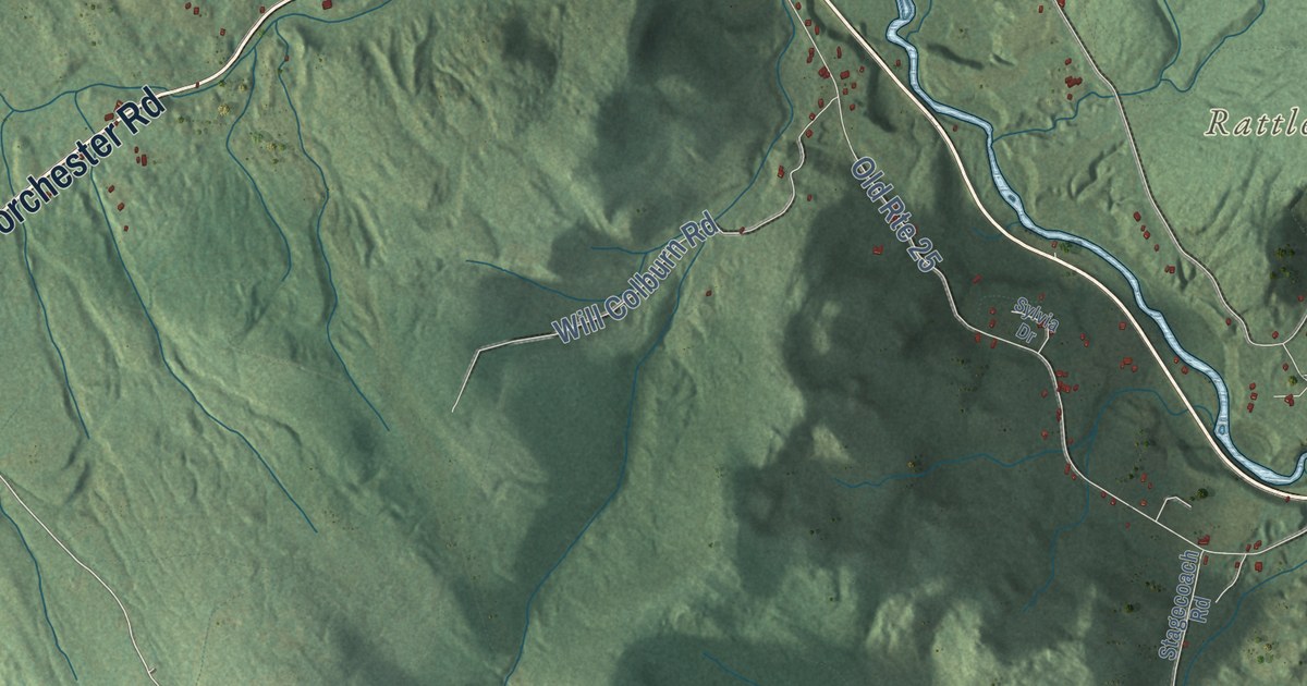 Close-up of streets and buildings in Rumney, New Hampshire