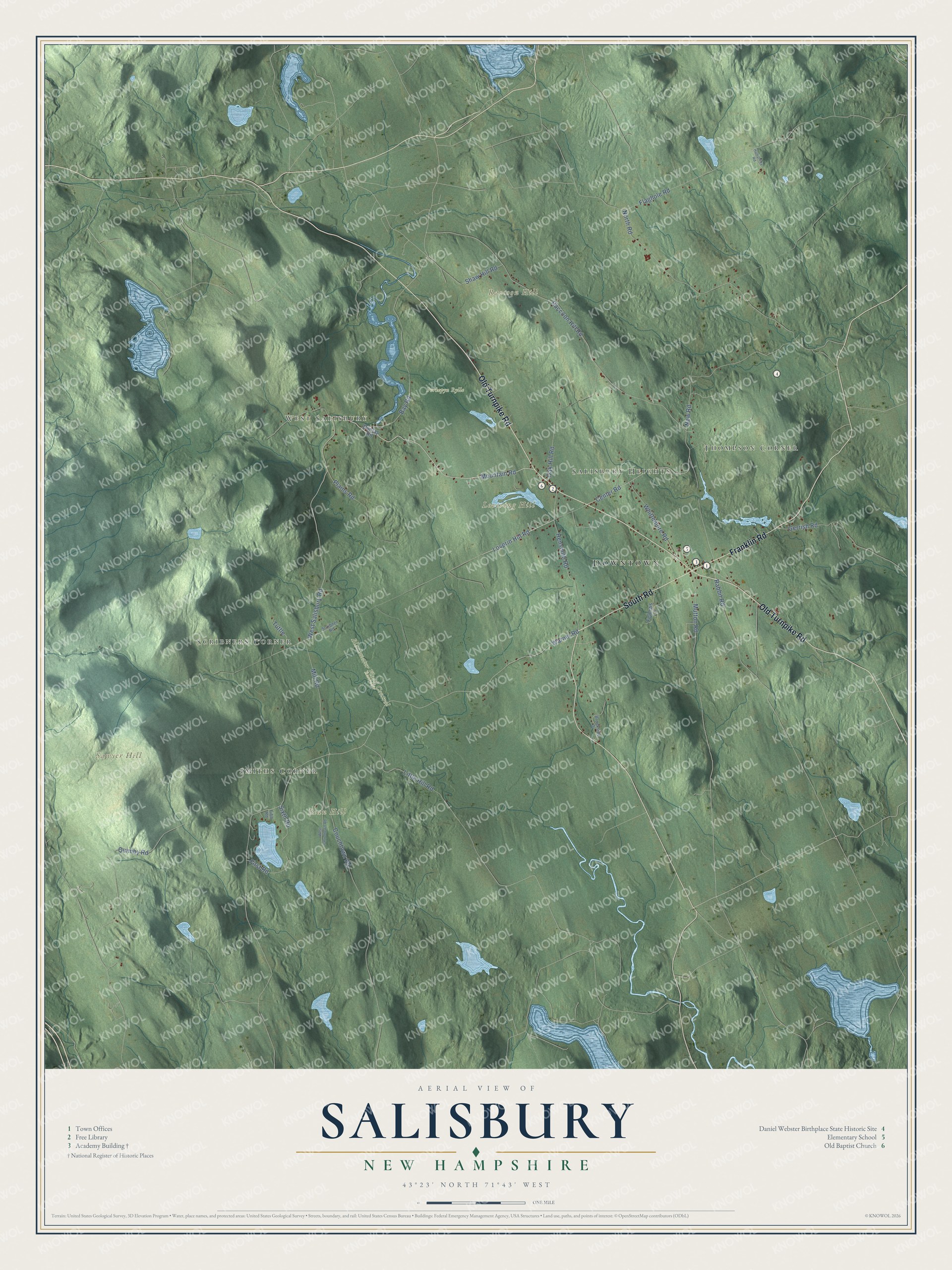 Map of Salisbury, New Hampshire, with Smiths Corner, Scribners Corner and the Webster birthplace