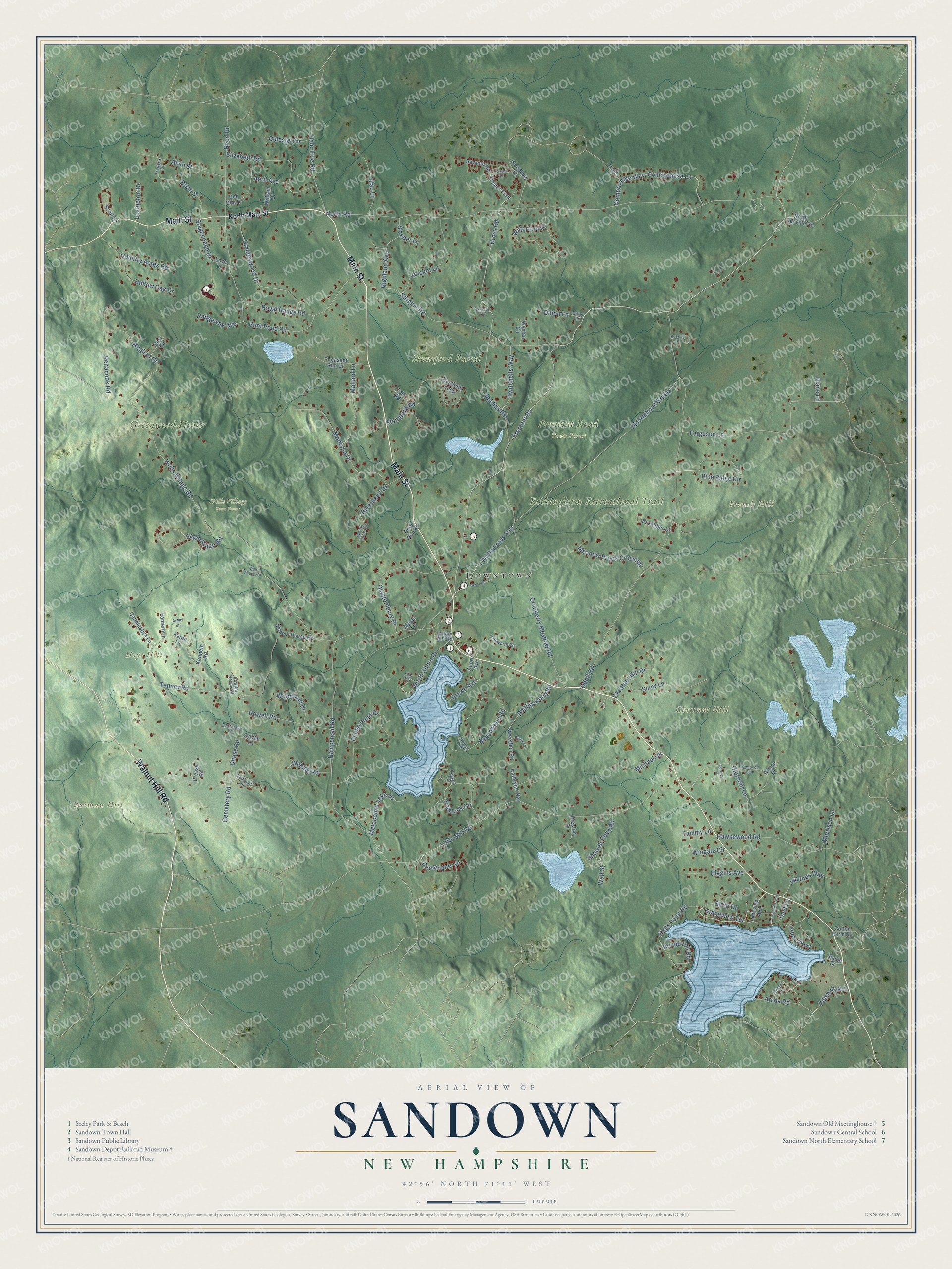 Map of Sandown, New Hampshire, with Butman Hill, Chestnut Hill and the village center