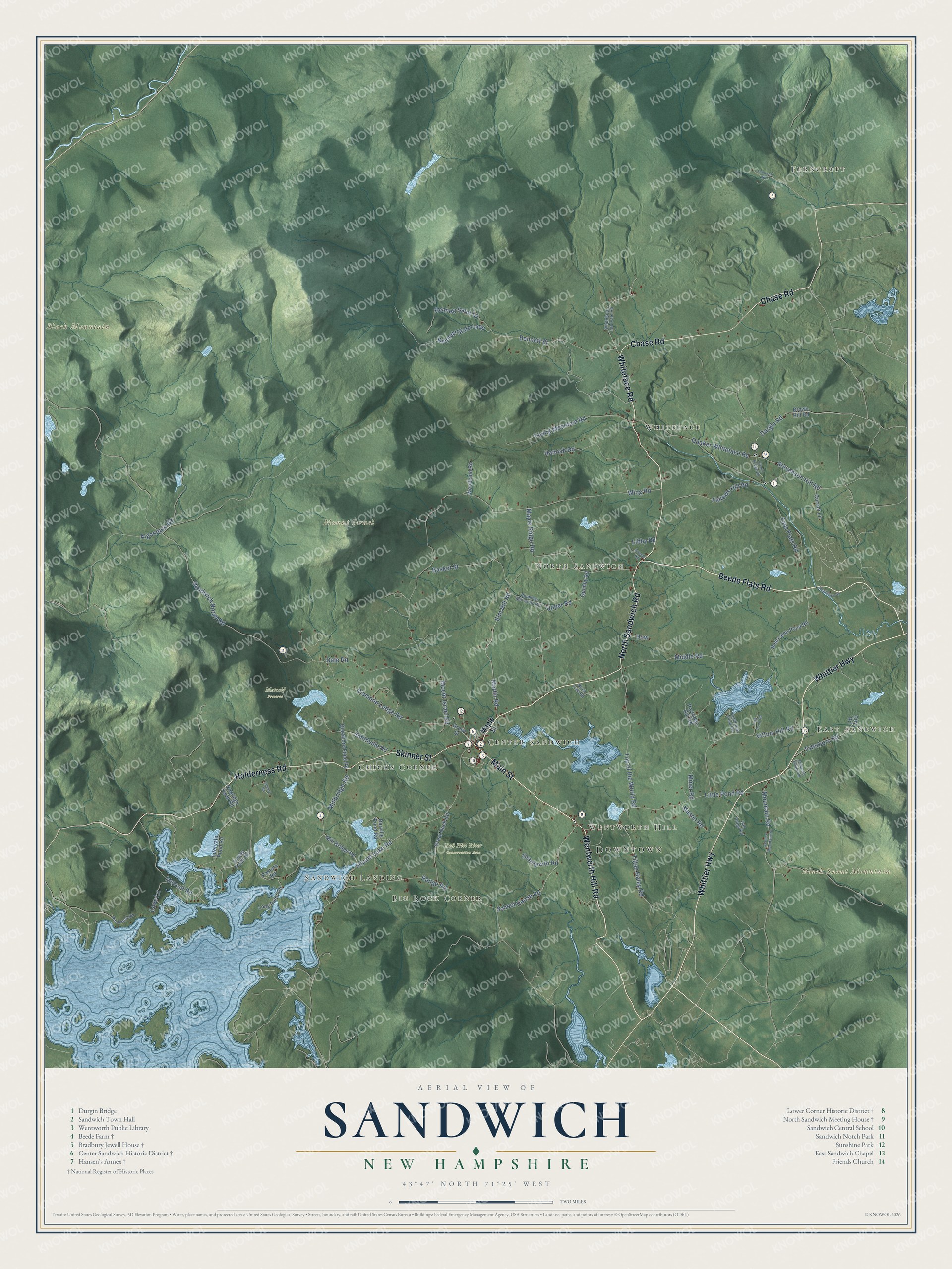 Map of Sandwich, New Hampshire, with East Sandwich, Ferncroft and Burley Hill