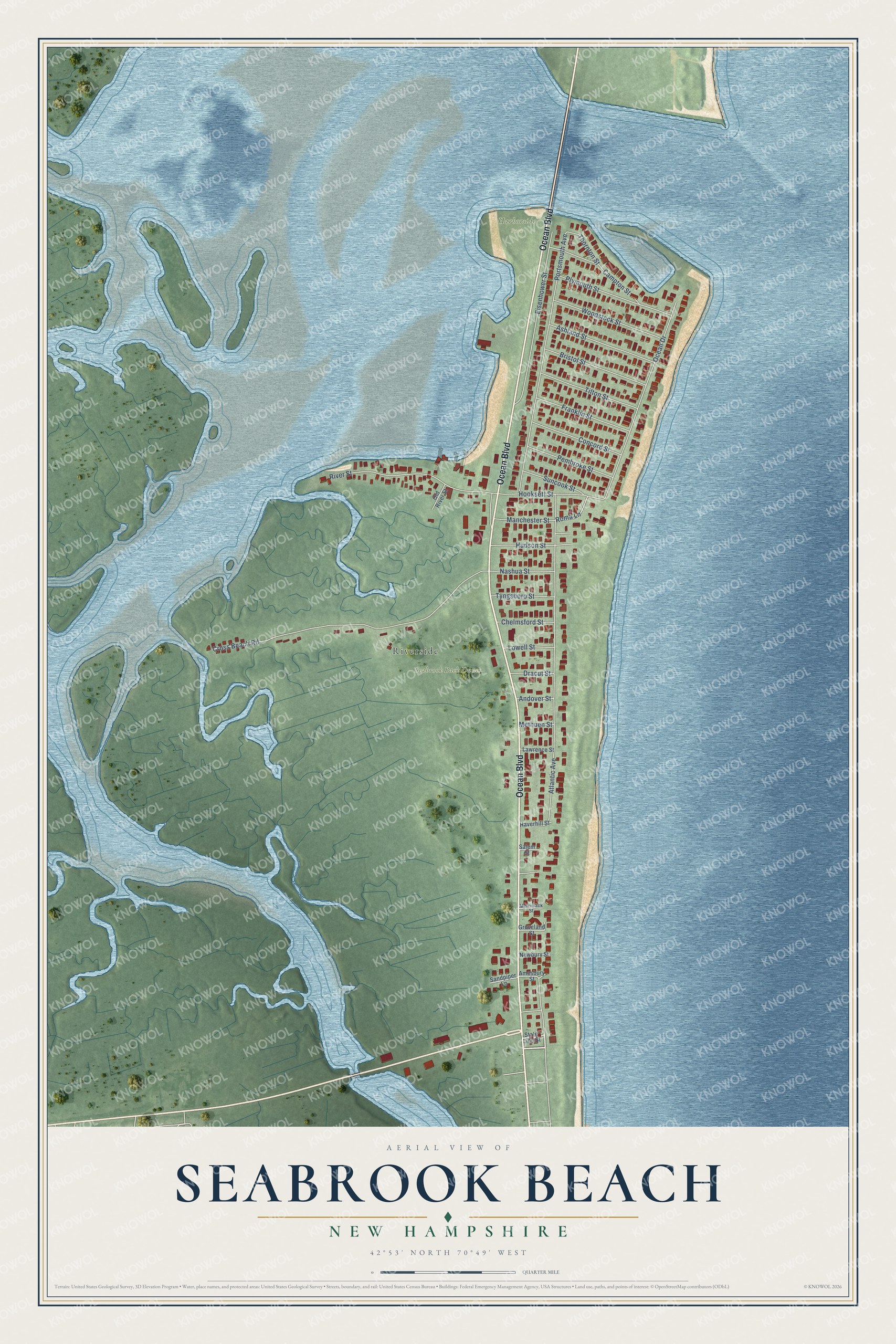 Full map of Seabrook Beach, New Hampshire, with red buildings, printed street names and the land around them