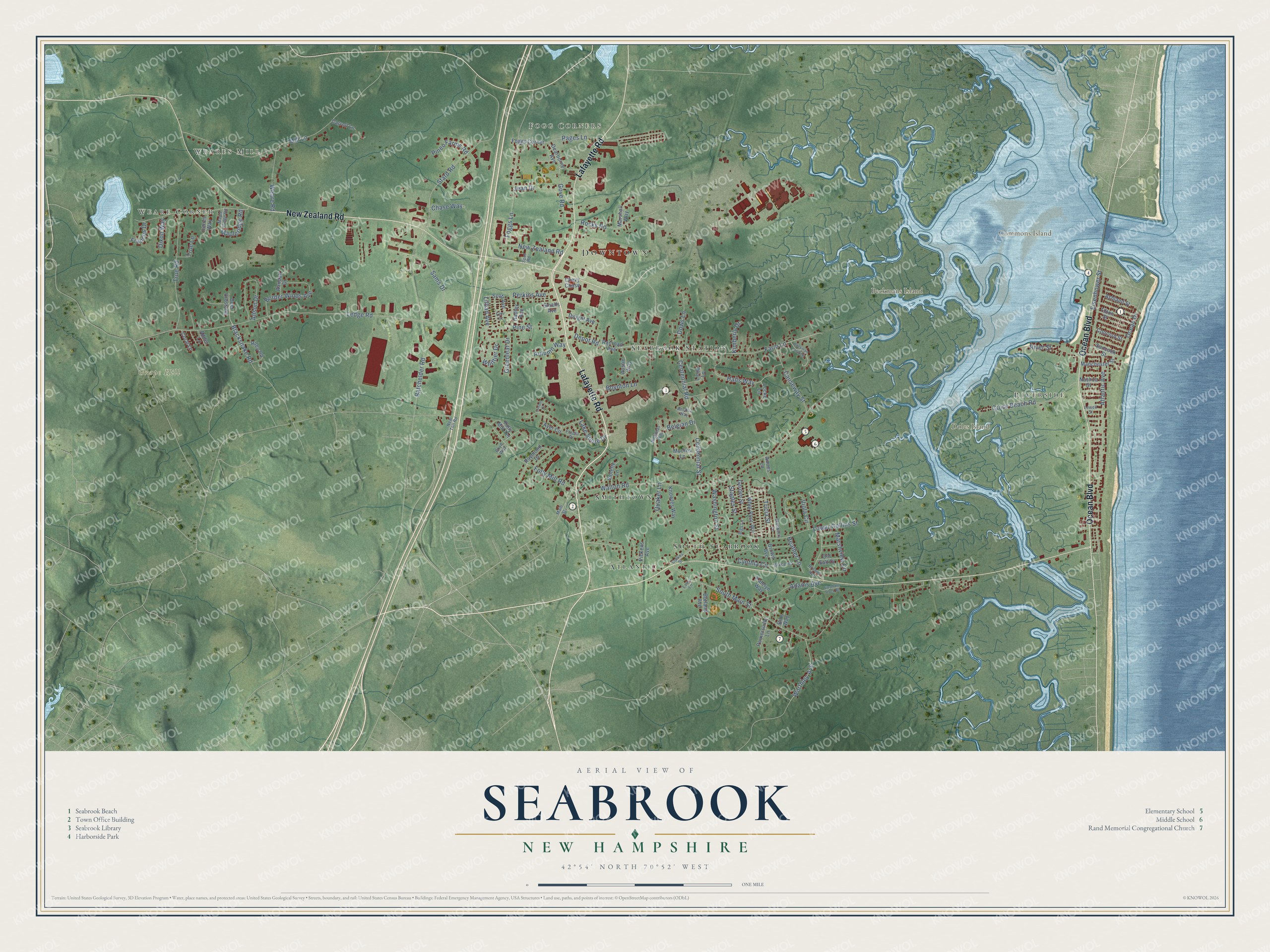 Map of Seabrook, New Hampshire, with Seabrook Beach, Weare Corner and Hampton Harbor