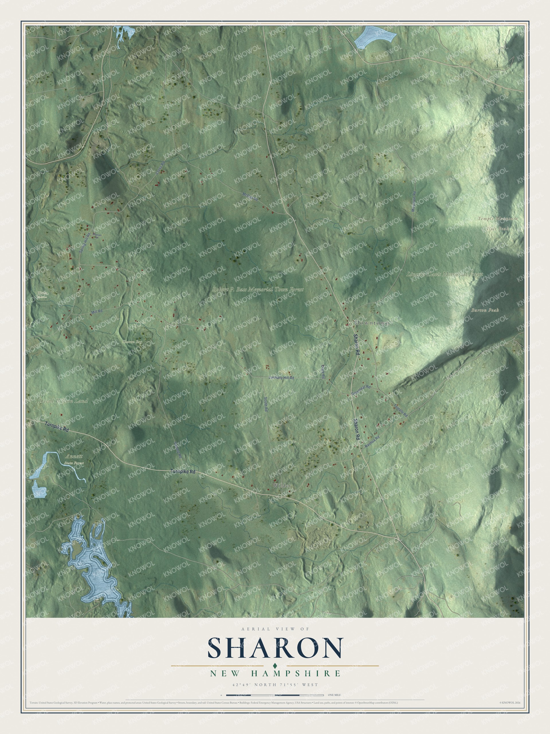 Map of Sharon, New Hampshire, with Holt Peak, Burton Peak and Temple Mountain