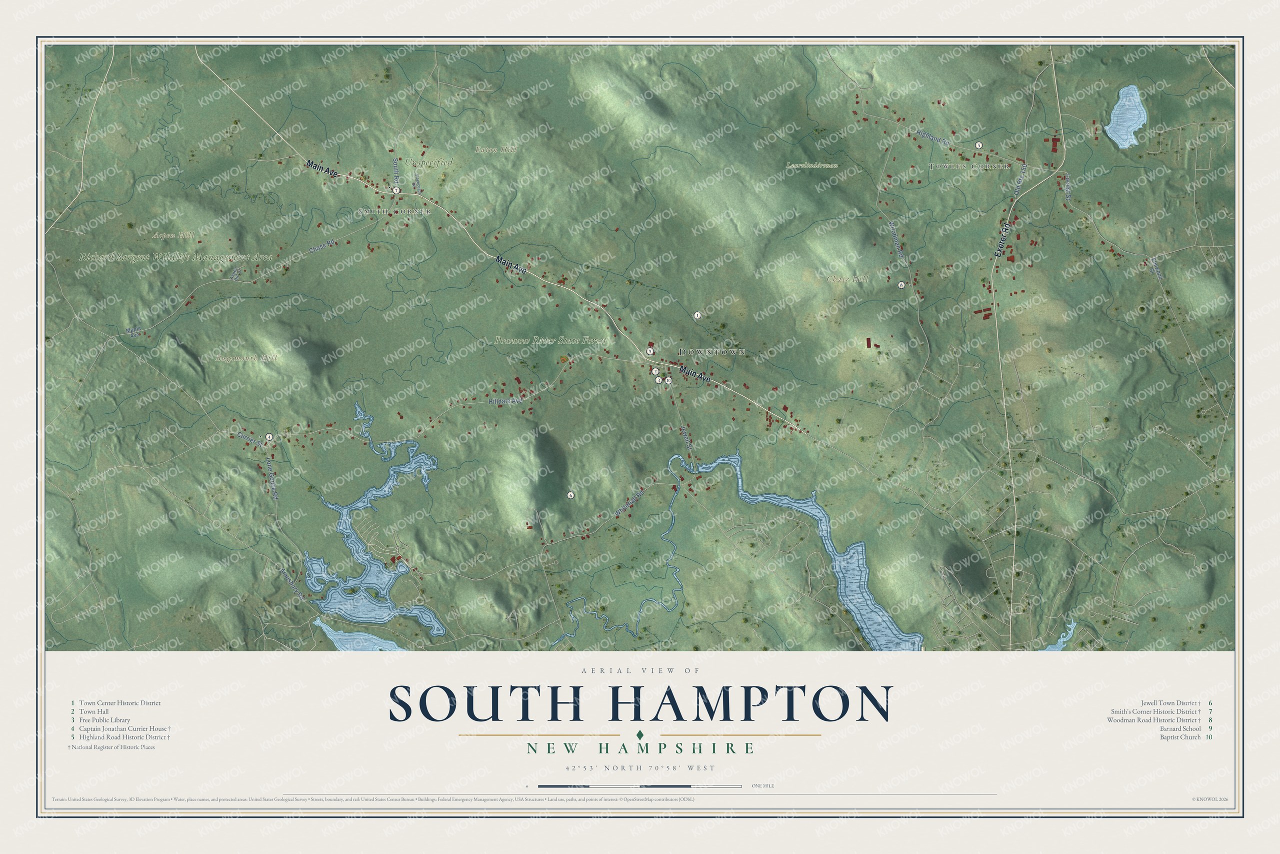 Map of South Hampton, New Hampshire, with Barnard Green, Aspen Hill, Bugsmouth Hill and Towles Corner