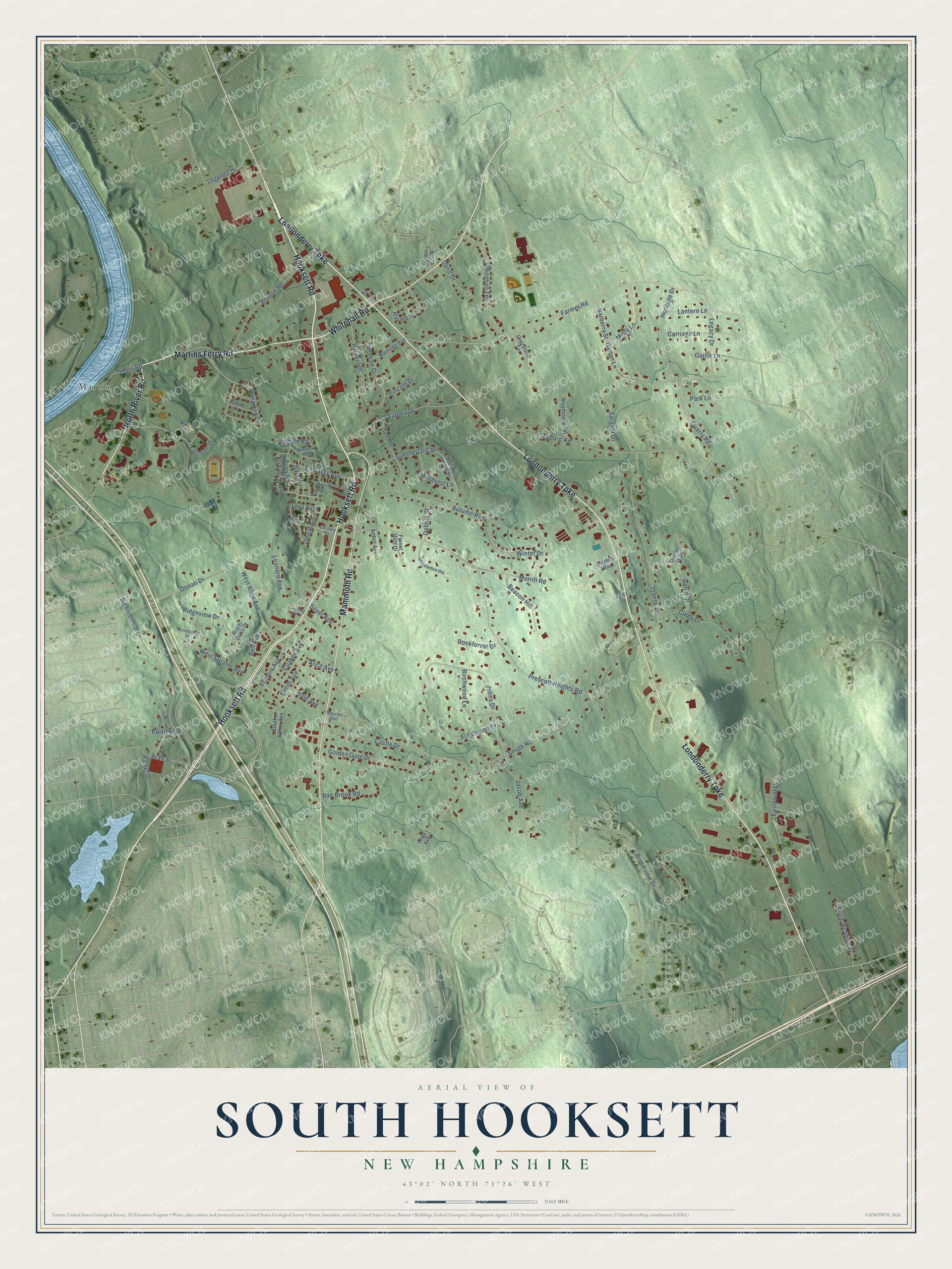 Full map of South Hooksett, New Hampshire, with red buildings, printed street names and the land around them