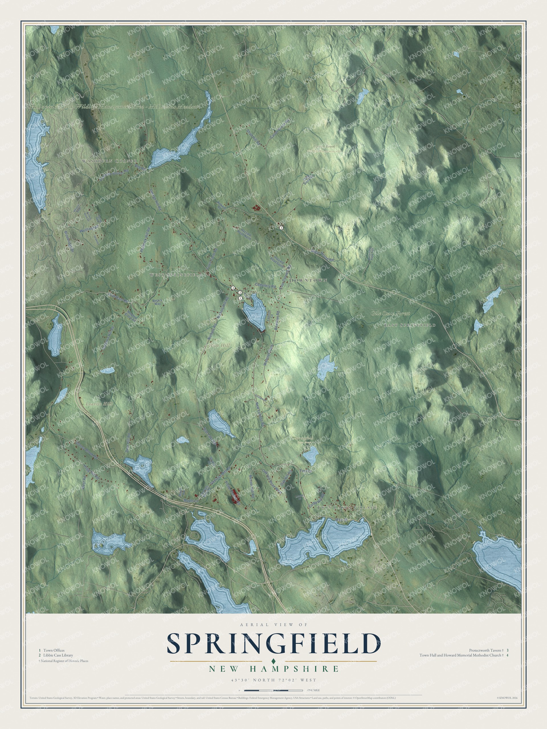 Map of Springfield, New Hampshire, with the Protectworth Tavern, Twin Lakes Village and Washburn Corner