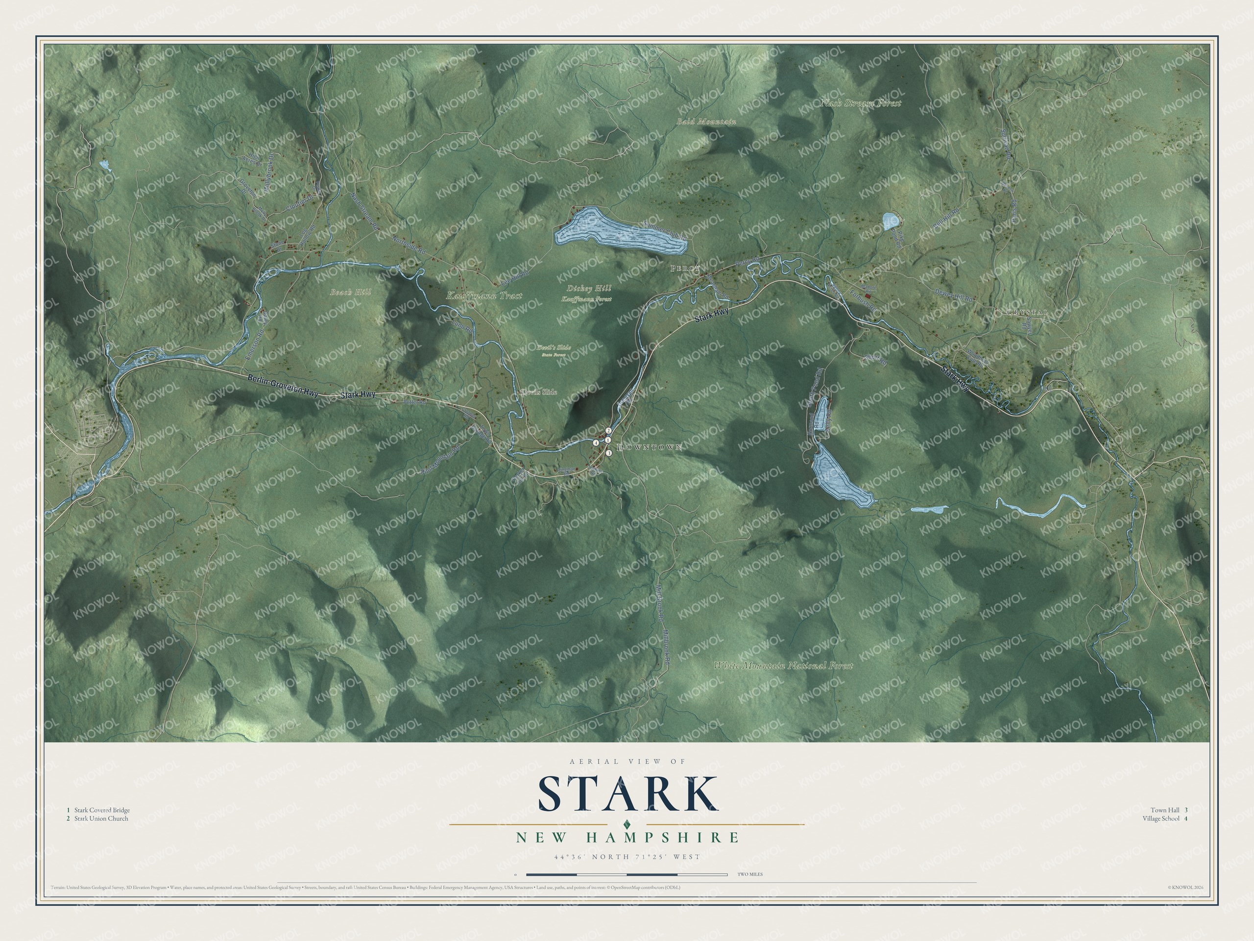 Map of Stark, New Hampshire, with the Stark Covered Bridge, Bald Mountain and Beach Hill