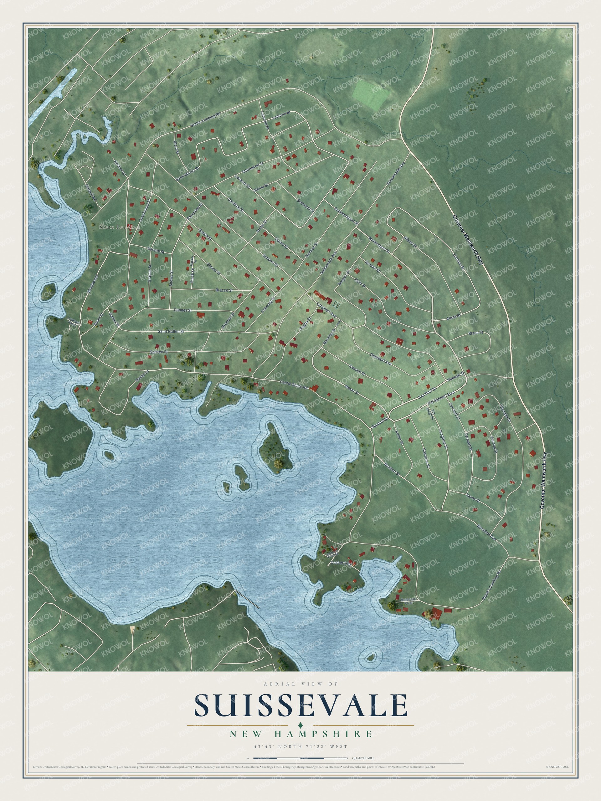 Full map of Suissevale, New Hampshire, with red buildings, printed street names and the land around them