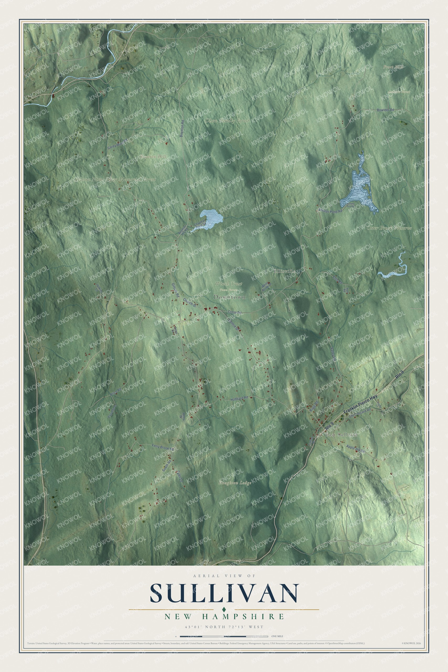 Map of Sullivan, New Hampshire, with East Sullivan, Ellisville, Boynton Hill and Frost Hill