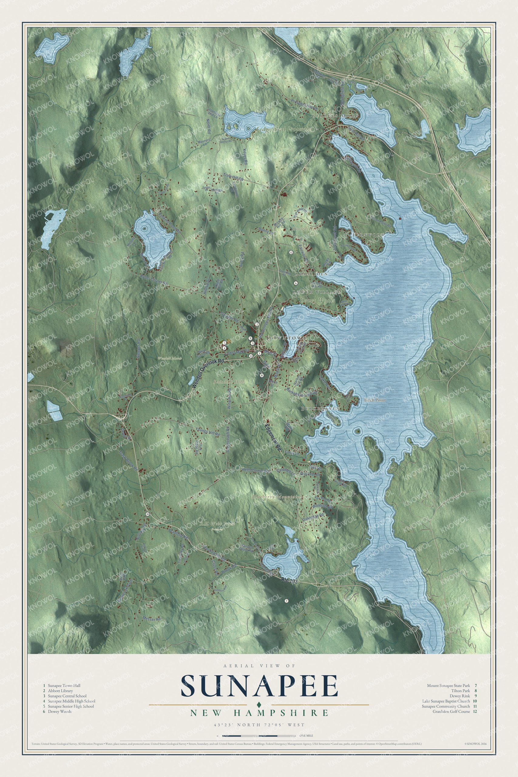 Map of Sunapee, New Hampshire, with Georges Mills, Fernwood, Baisdell Hill and Blueberry Mountain