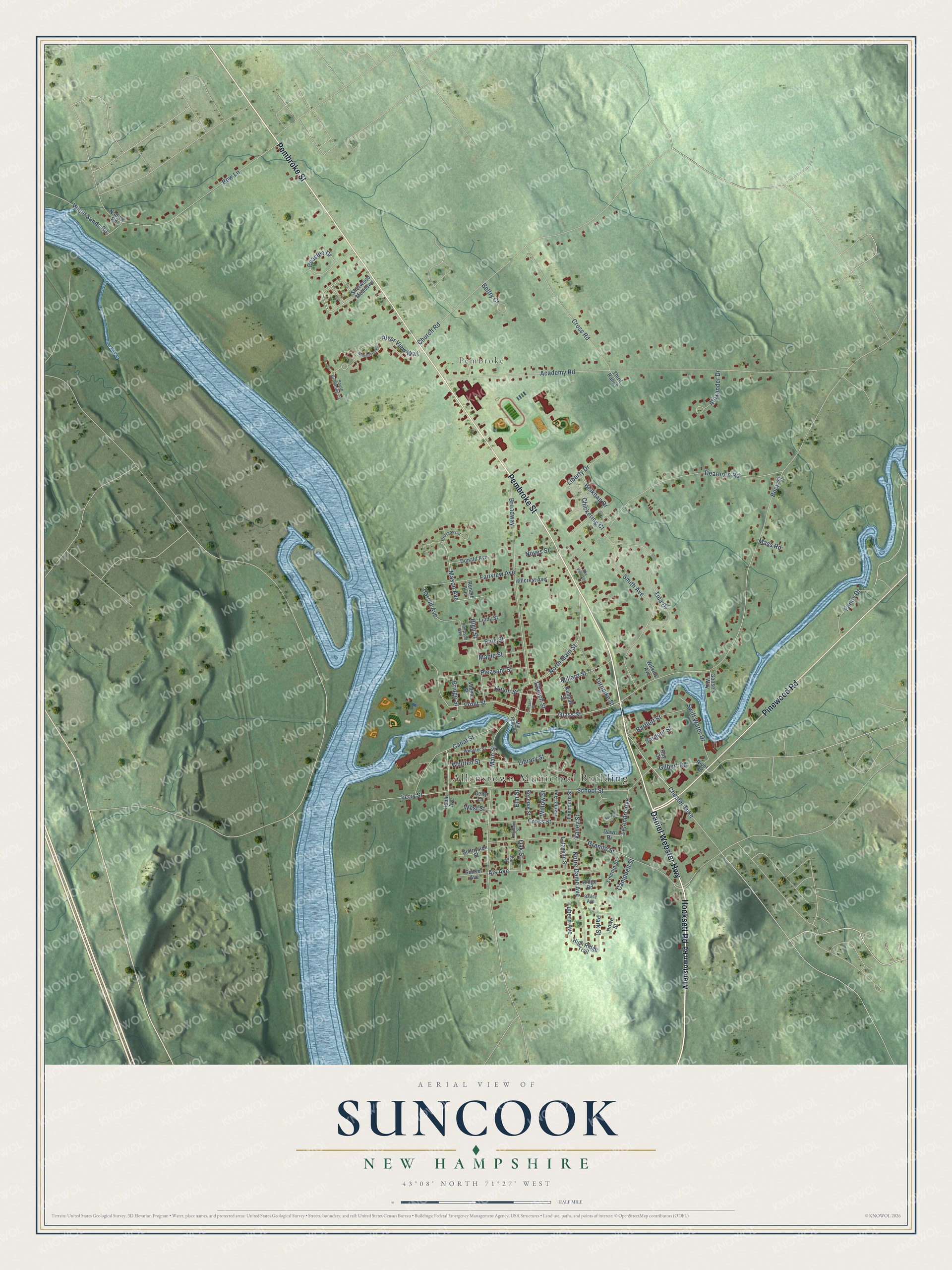 Full map of Suncook, New Hampshire, with red buildings, printed street names and the land around them