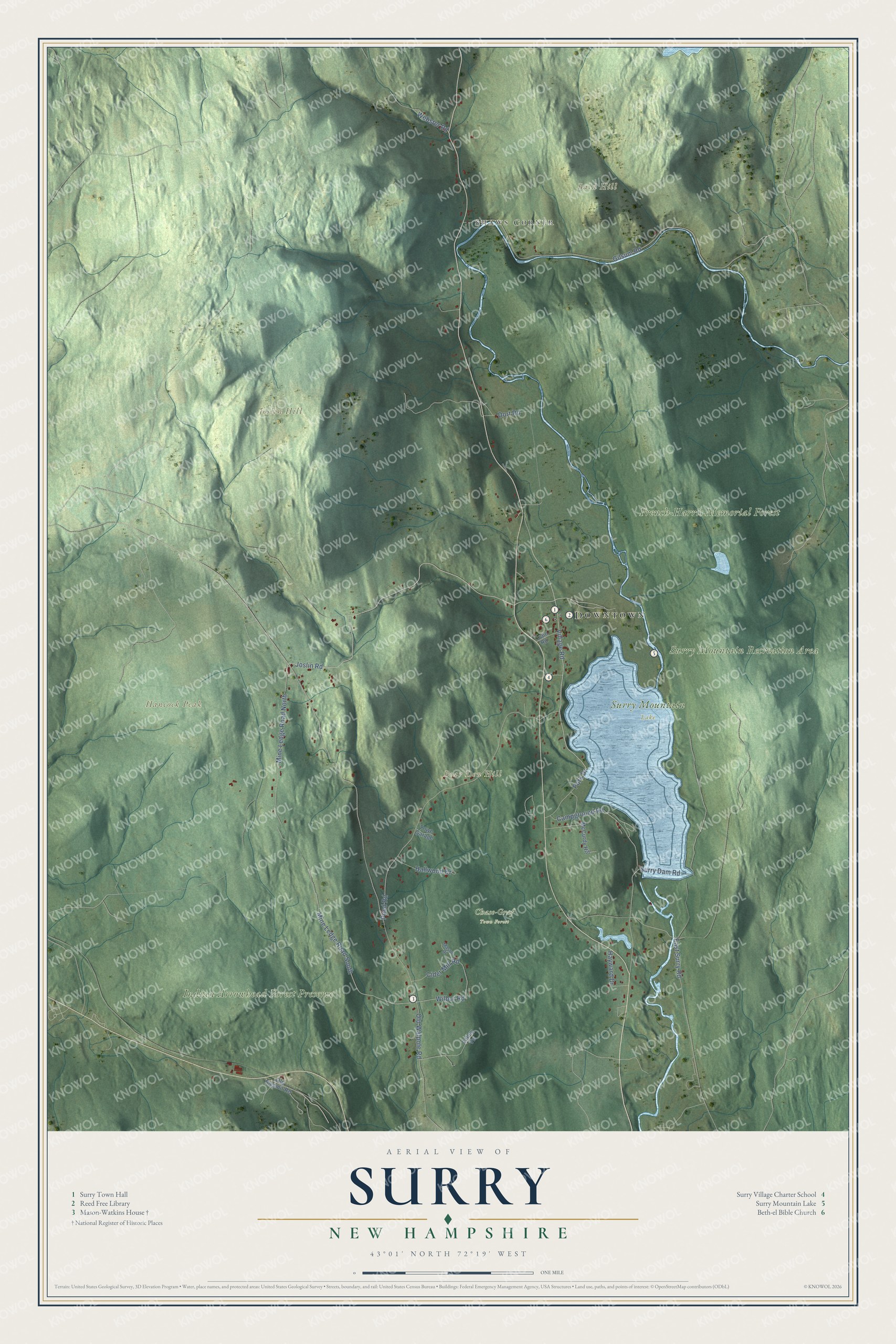 Map of Surry, New Hampshire, with Surry Mountain Lake, Bald Hill, Bear Den Hill and Shaws Corner