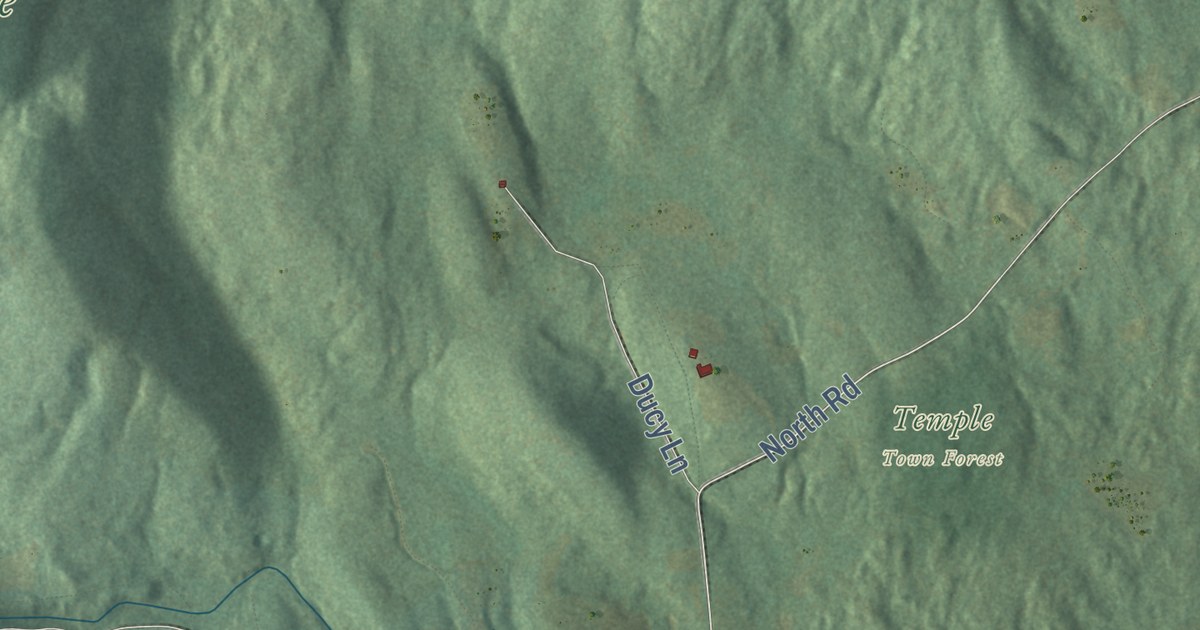 Close-up of streets and buildings in Temple, New Hampshire